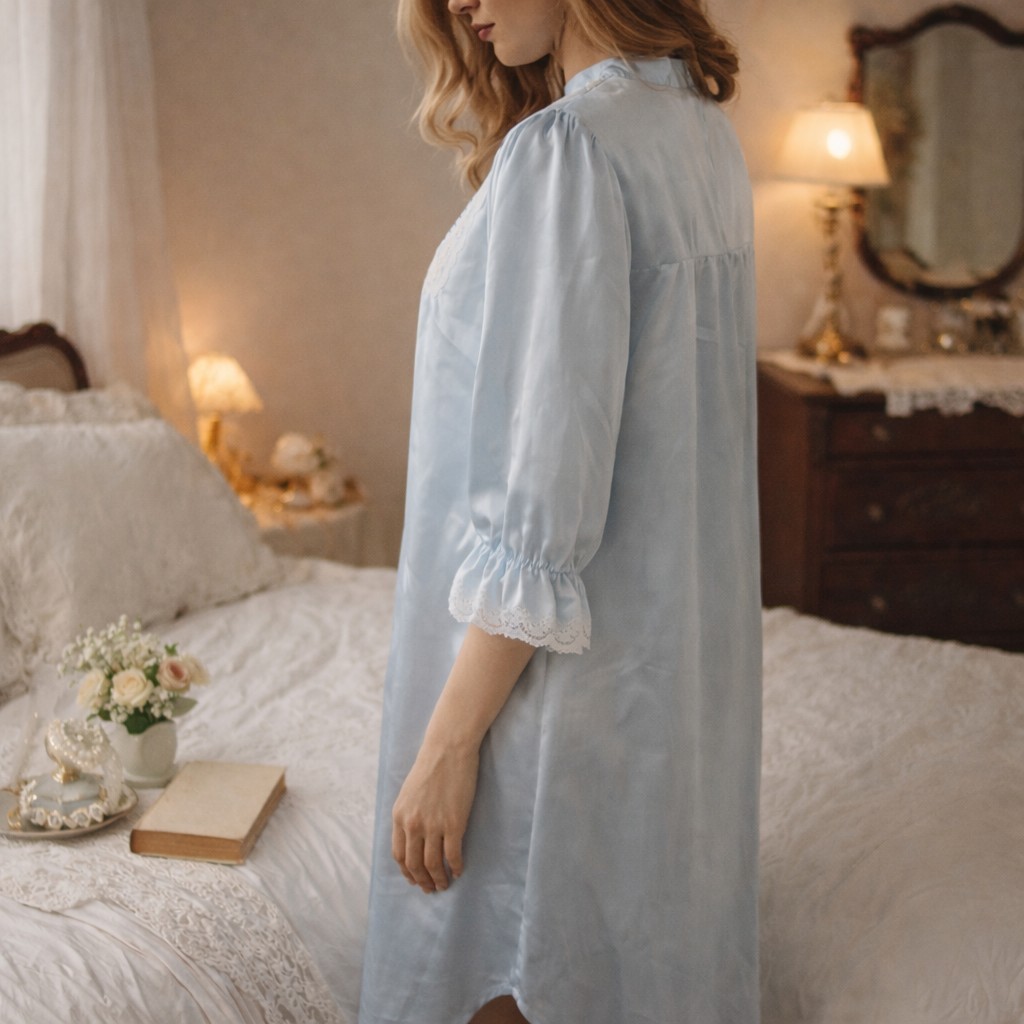 VTG Lewis Frimel Satin Lace Nightgown Baby Blue Button Front Boudoir Peignoir