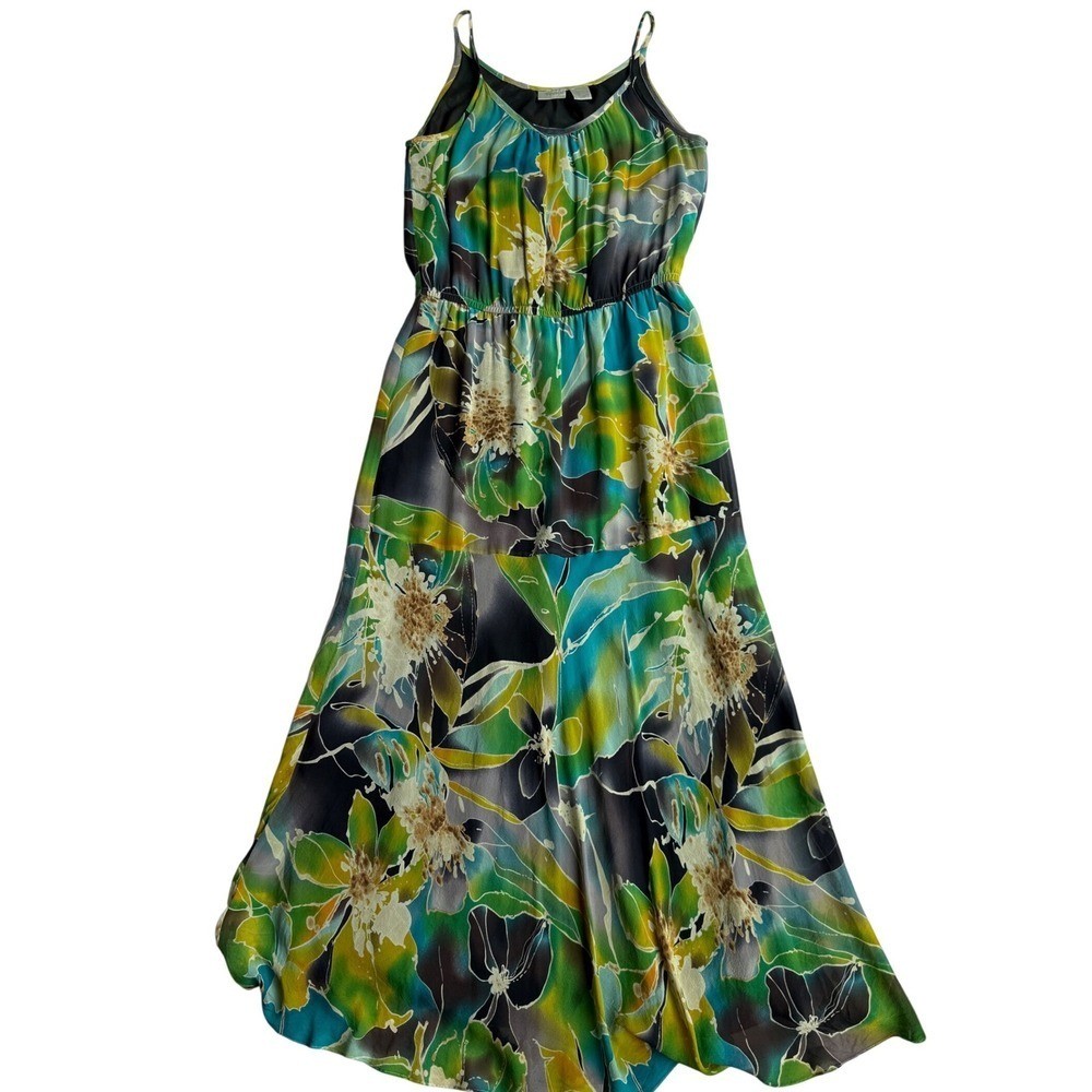 Vintage Spiegel 100% Silk Floral Maxi Dress Watercolor Spaghetti Strap Green 6