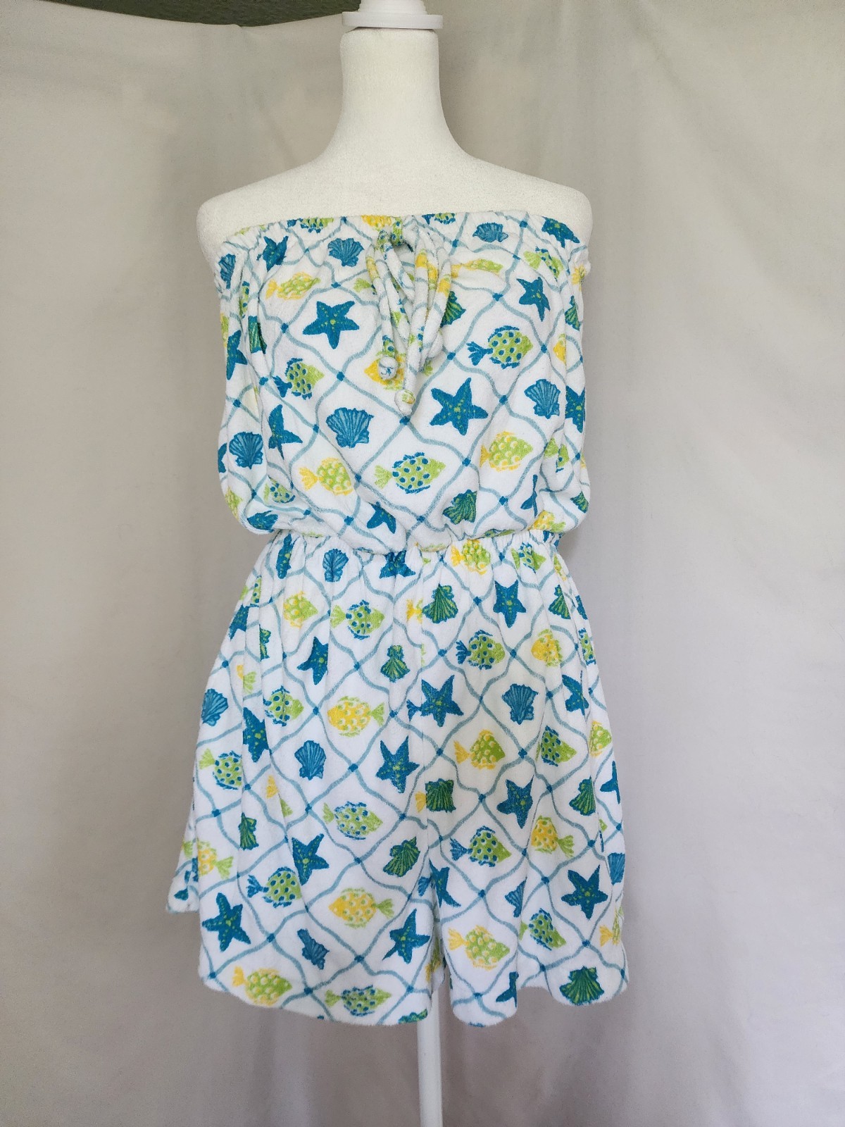 VTG Sears Tropical Escape Terrycloth Romper Cover Up Fish Shell Beach Pool Small
