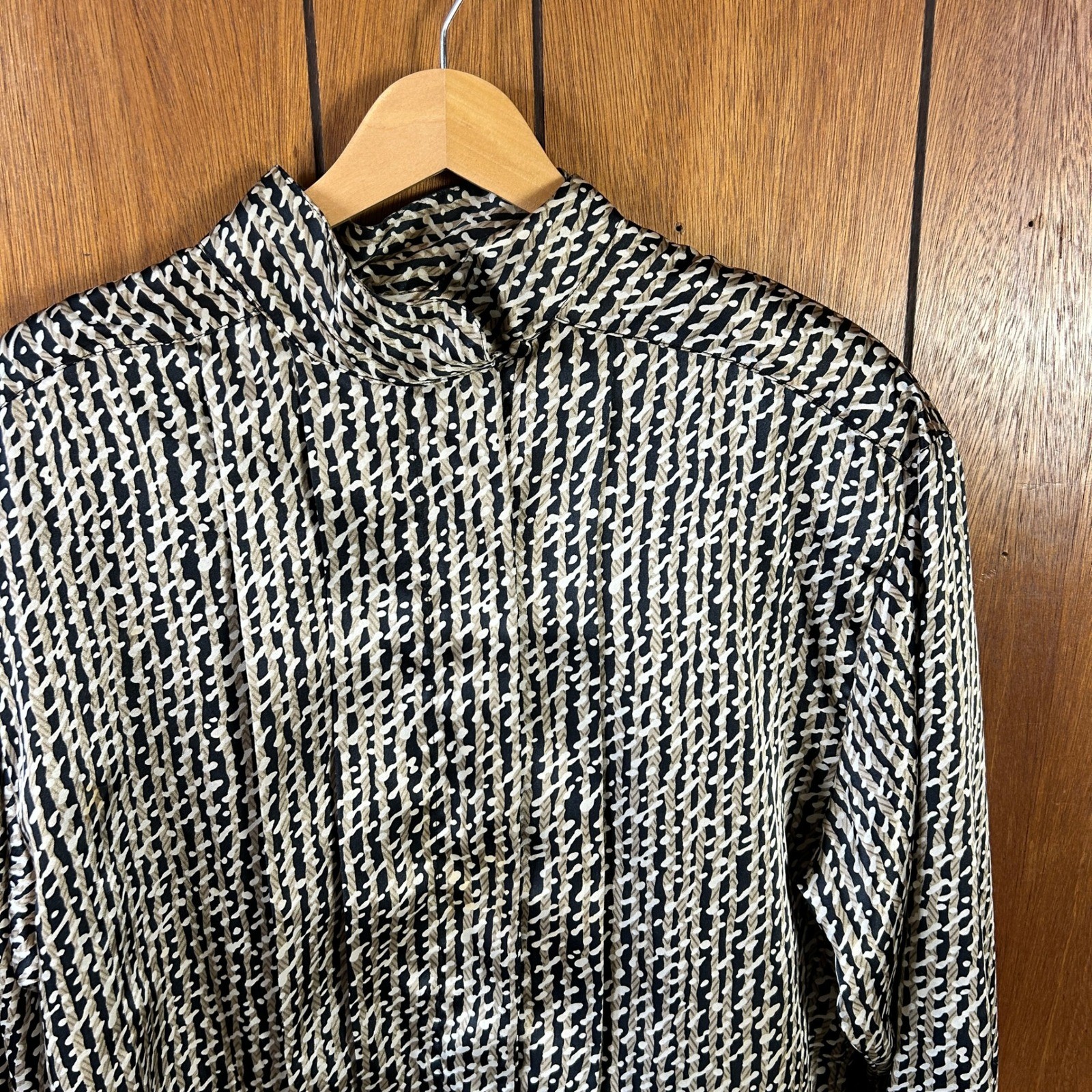 Vintage Alexandria Mock Neck Blouse Black Tan Geometric Abstract Print Top
