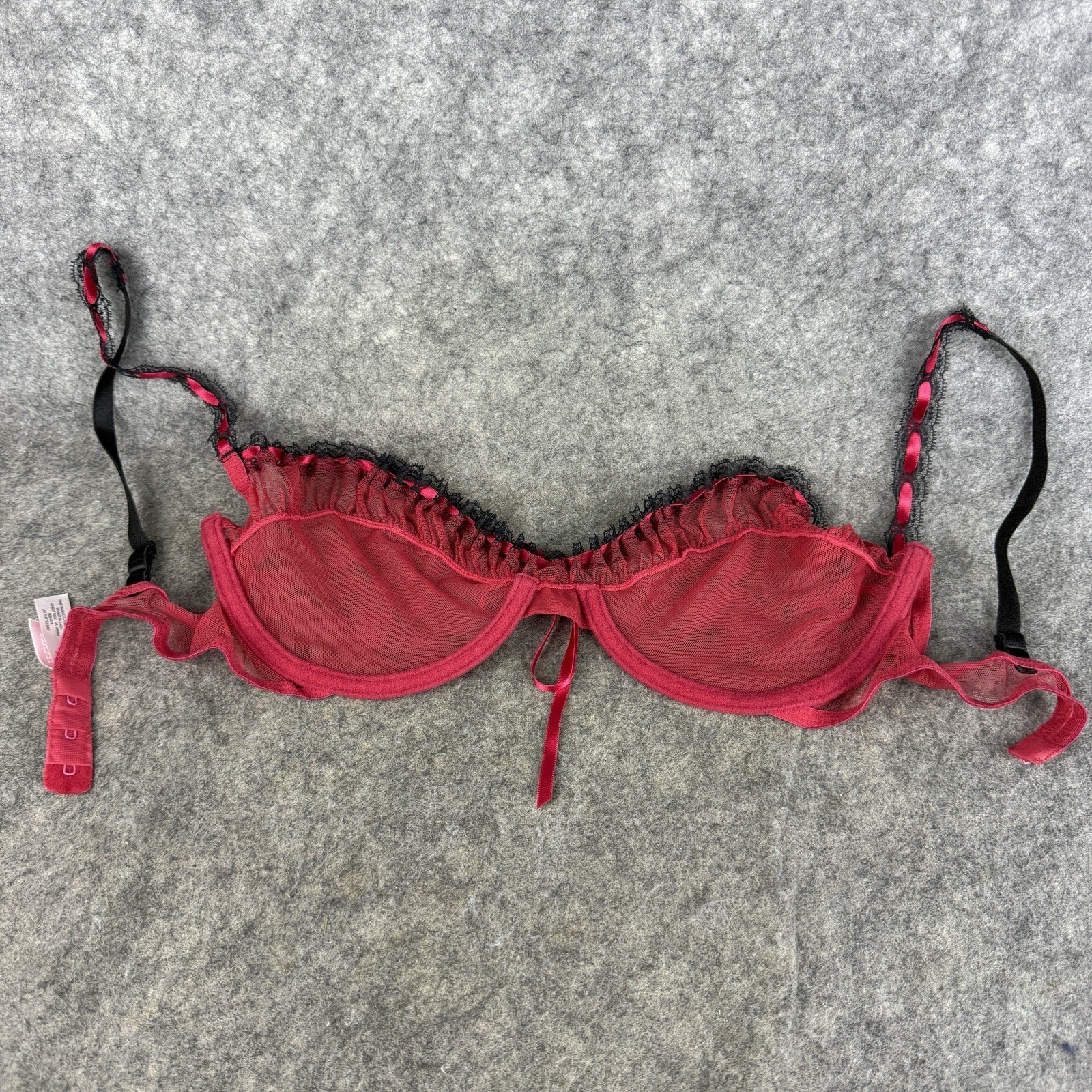 Vintage Victoria’s Secret 36C Bra Sexy Red Sheer Mesh Lace Ribbon Cups Y2K