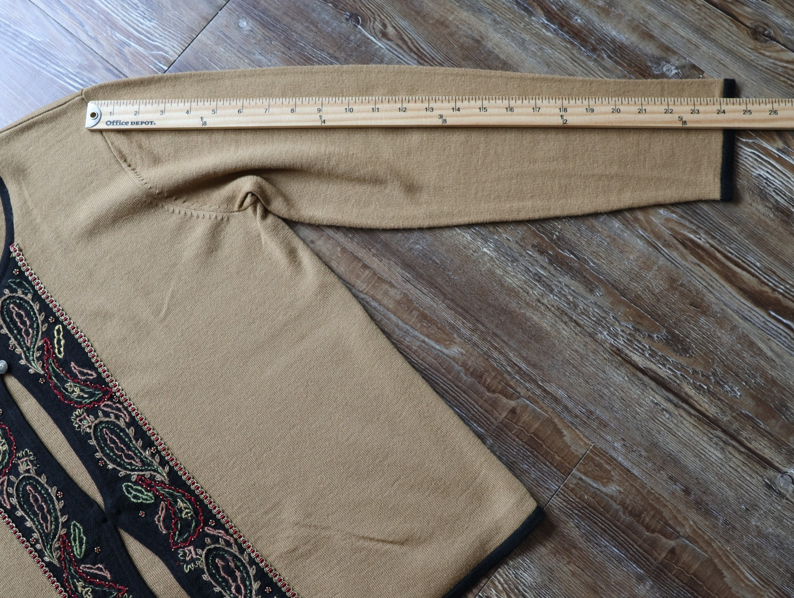 Vintage Koret Paisley Embroidered Beaded Cardigan Boho Tan Black Womens 1X