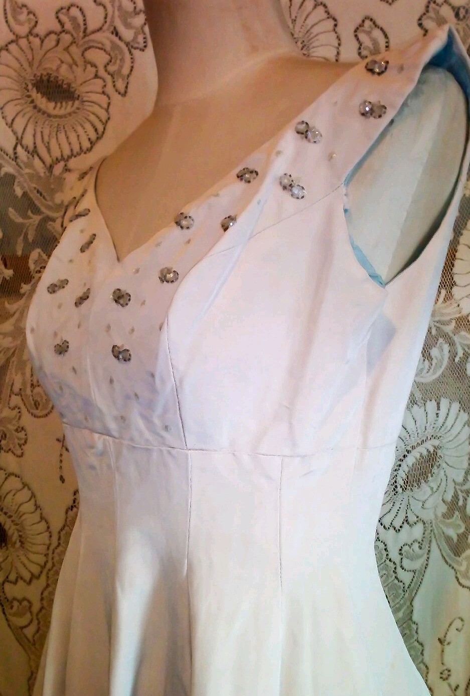 VTG 1950s Cocktail Dress Faille Fit To Flair w/ Full Circle Skirt Beaded Top XXS