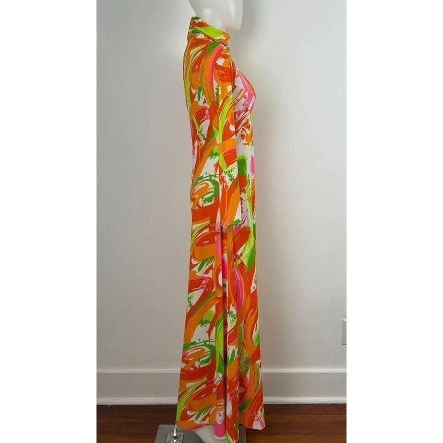 Vintage 70s Psychedelic Maxi Dress Multicolor Abstract Mock Neck Retro Mod