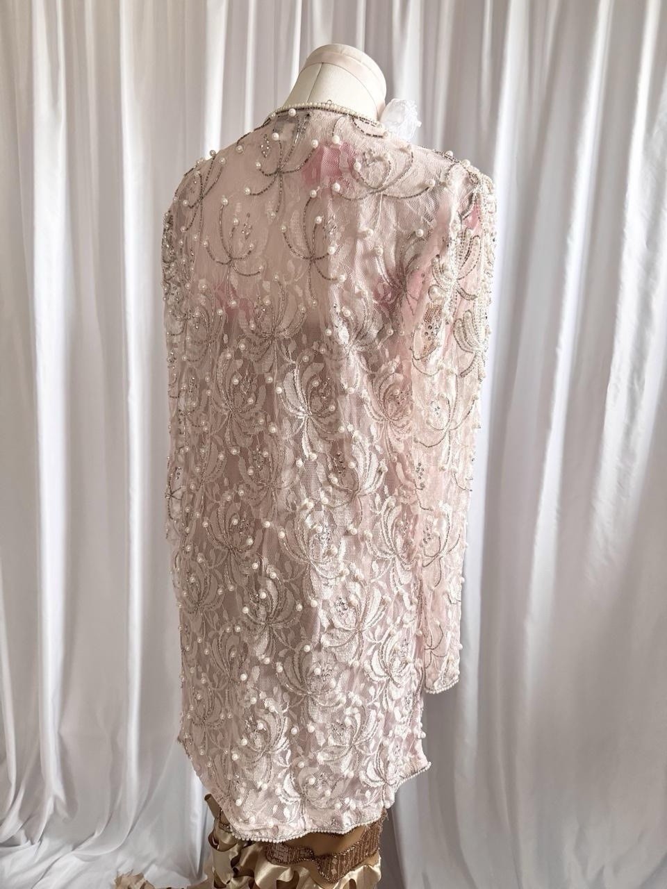 Vintage Y2K Pink White Pearl Beaded Overcoat Jacket Women’s Size Large Sequin