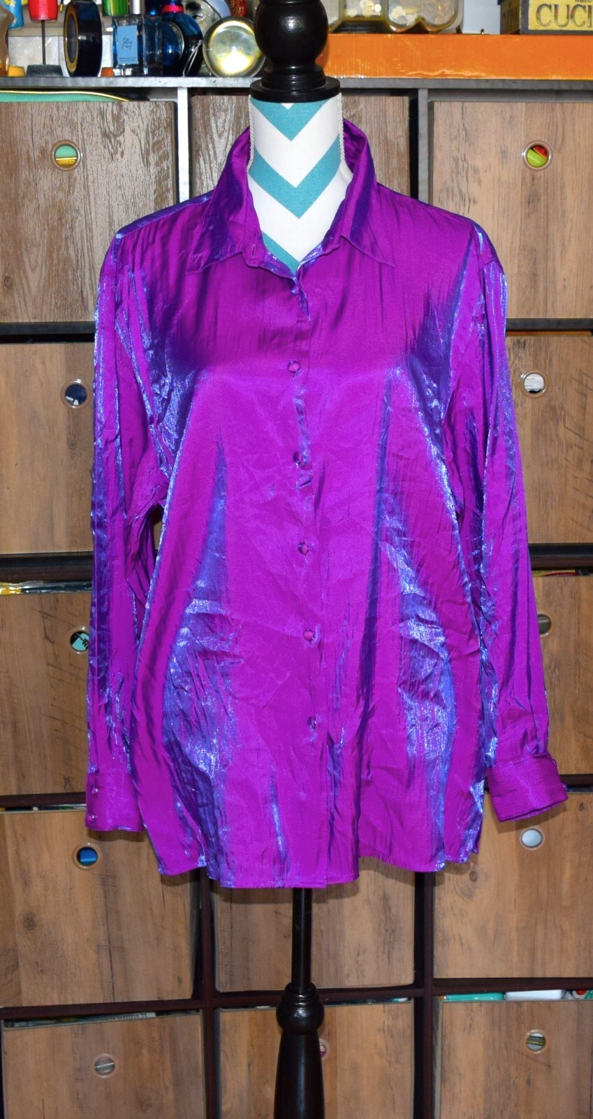 Vtg. KAREN SCOTT Shirt Blouse Top Pewter Shimmer Purple Pink Metallic Size XL
