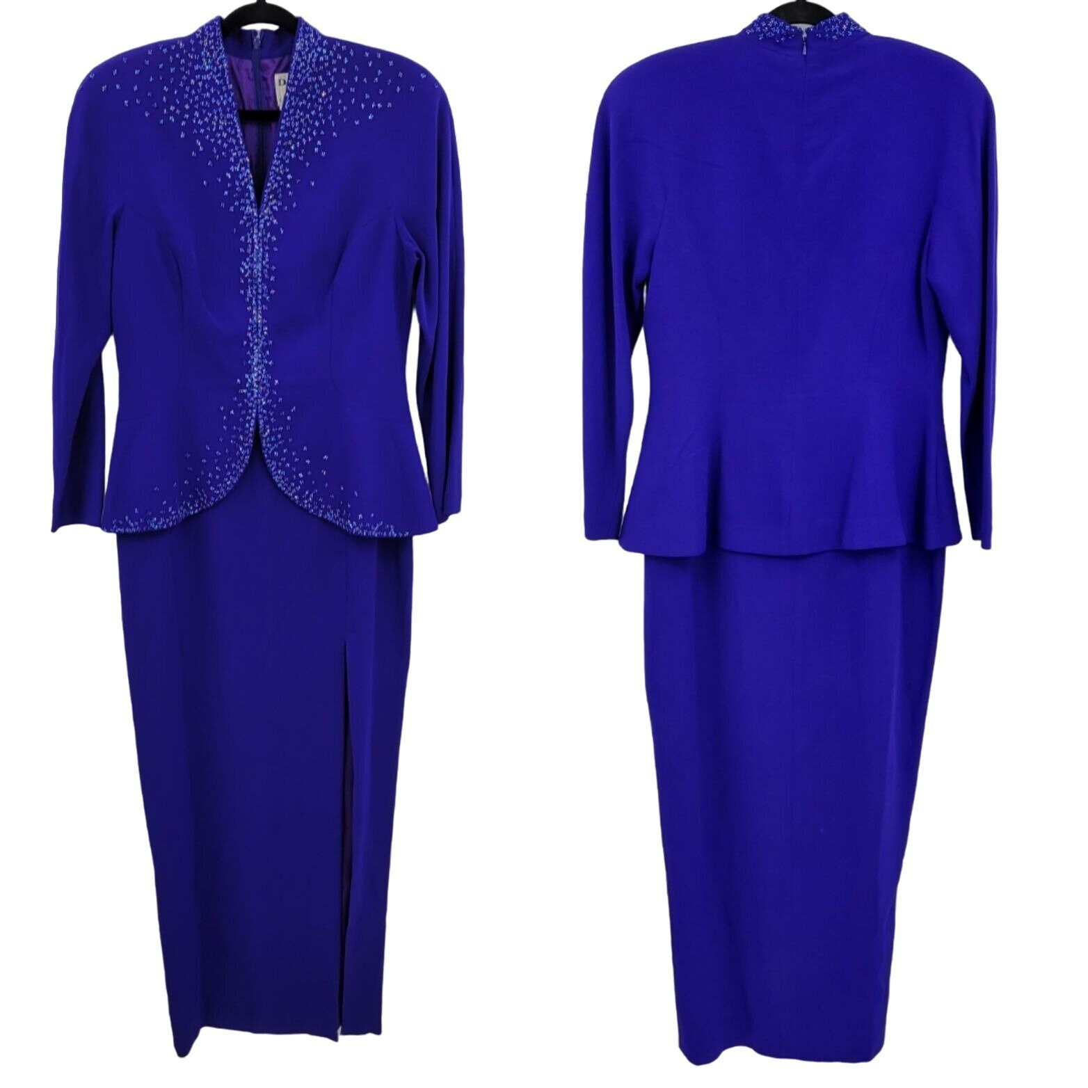 Vintage 80’s Daymor Couture Gown 6 Blue Peplum Beaded Front Slit Modest Sexy