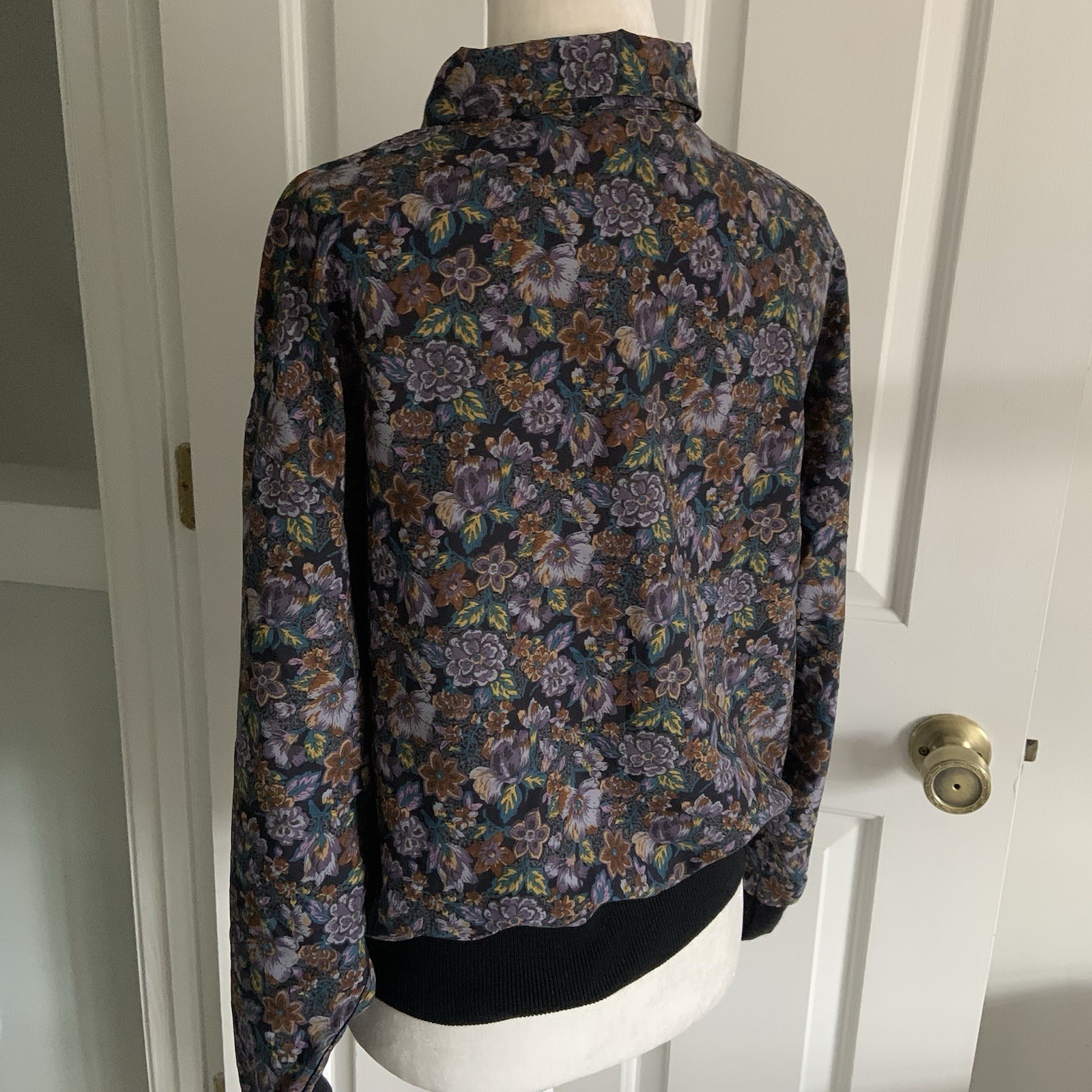 Vintage 70s ADAMO Silk Feel Button Front Blouse Dark Floral Elastic Waist Blouse