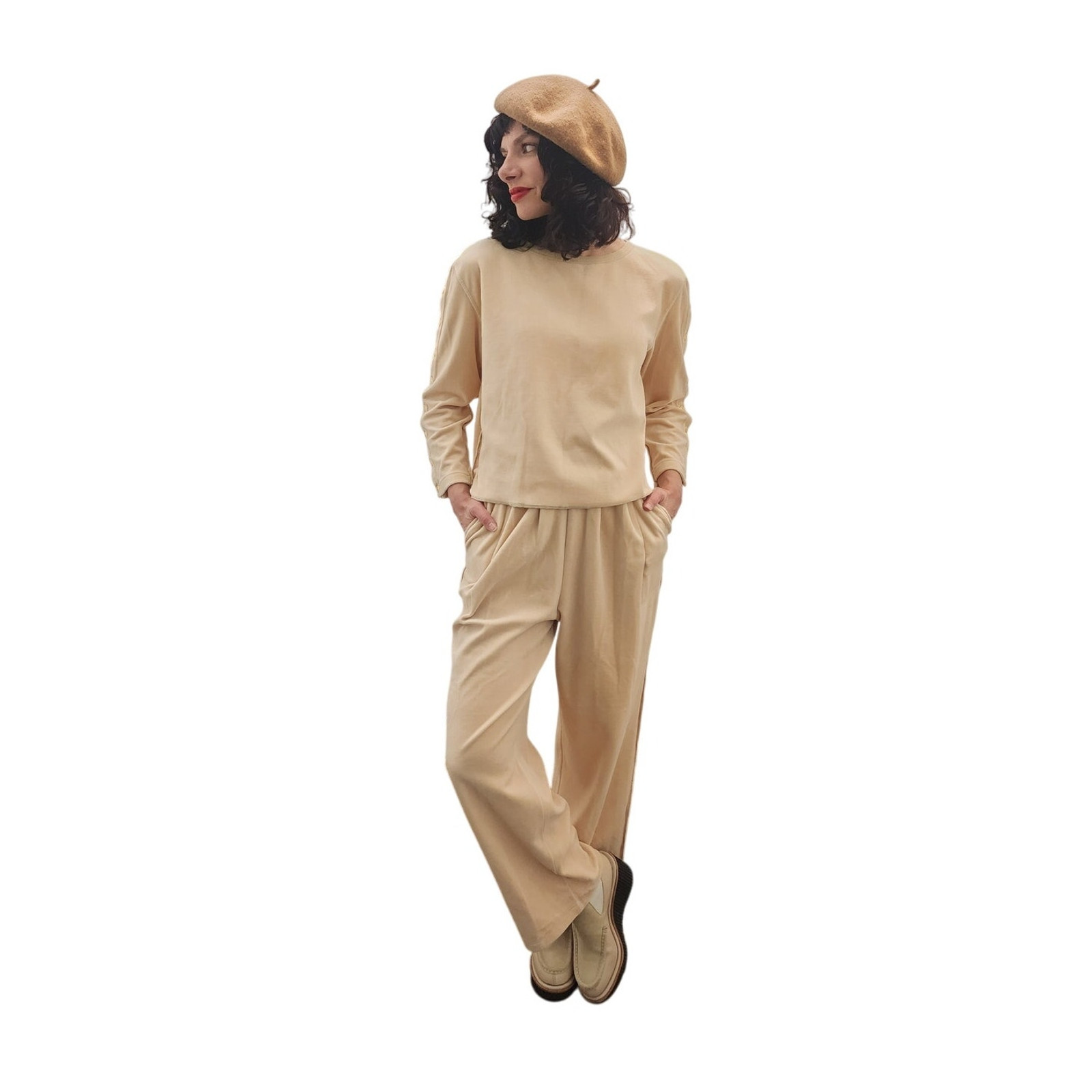 Vintage 1990s Sonia Rykiel Velour Track Suit Beige w/Gold Buttons