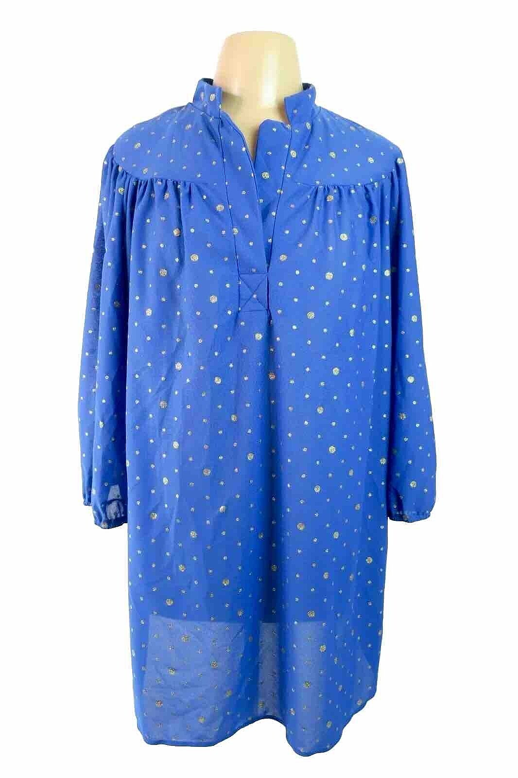 Ample Togs Sheer Blouse 44 VTG Disco 80’s Metallic Gold Blue Tunic Polka Dot