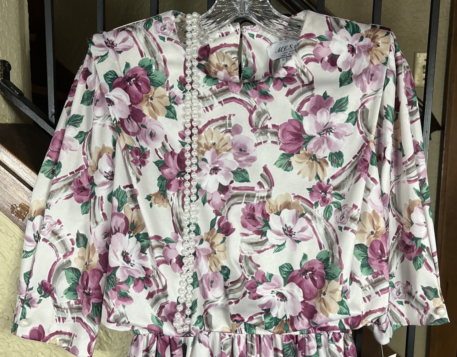NWT VTG MCS Ltd New York Floral Blouson MIDI Dress Women’s 8P W/Faux Pearls 80’s