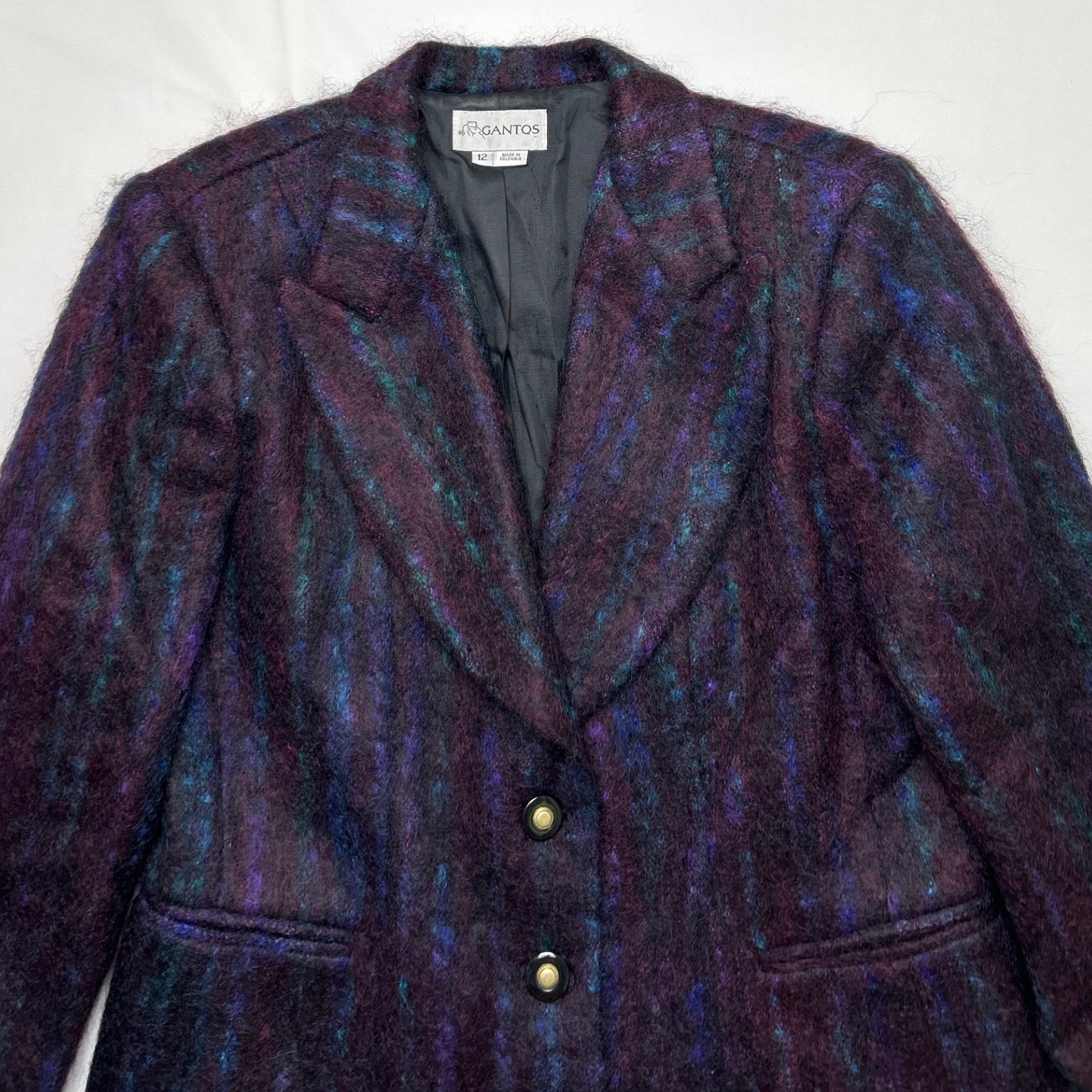 Gantos Women Vintage Mohair Wool Blend Fuzzy Striped Blazer Size 12 Purple Multi