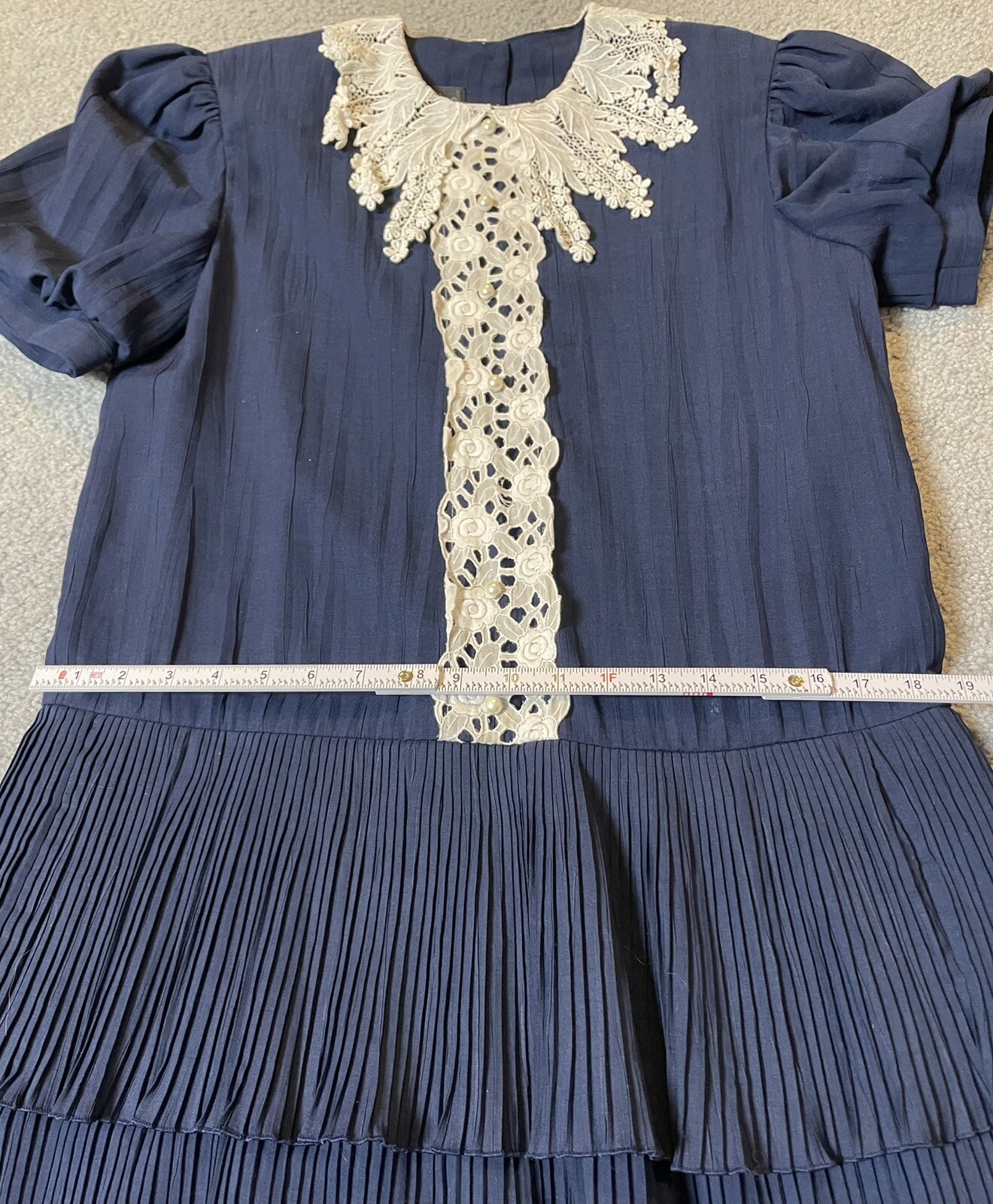 Vtg Young Woo Pleated Dress Sz L Navy Puff Sleeve White Lace Whimsigoth Classic