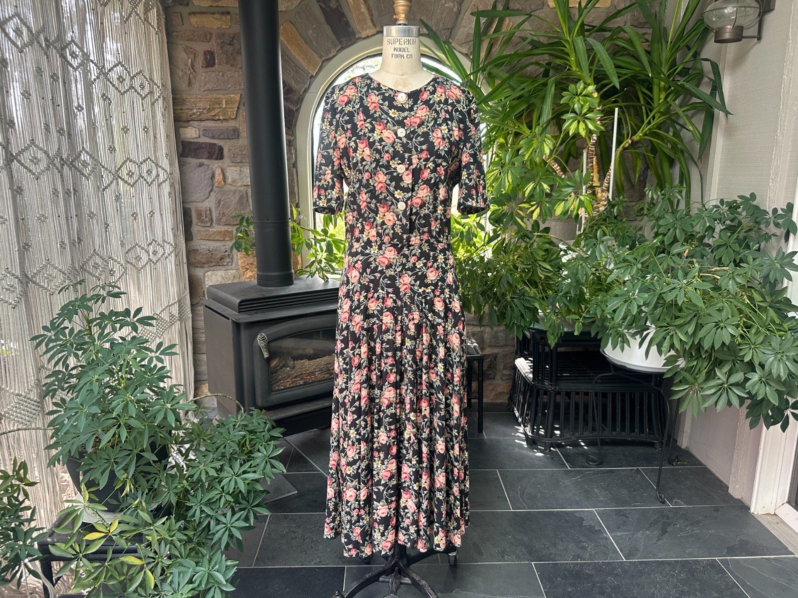 Vintage 1980s Black Pink Green Floral Rayon Dress