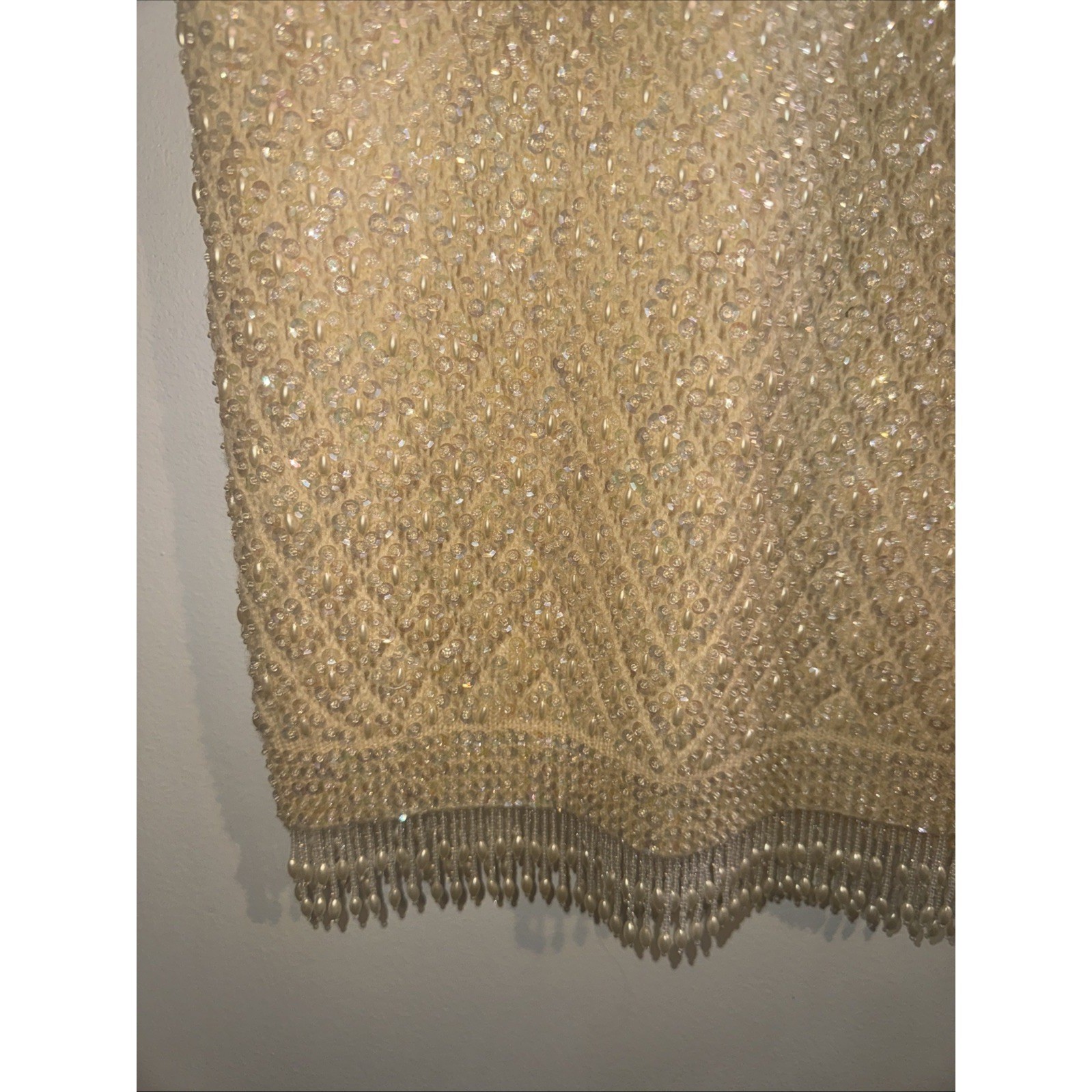Vintage Beaded Sequin Knit Tank Top Cream Champagne Pearl Fringe Shell L