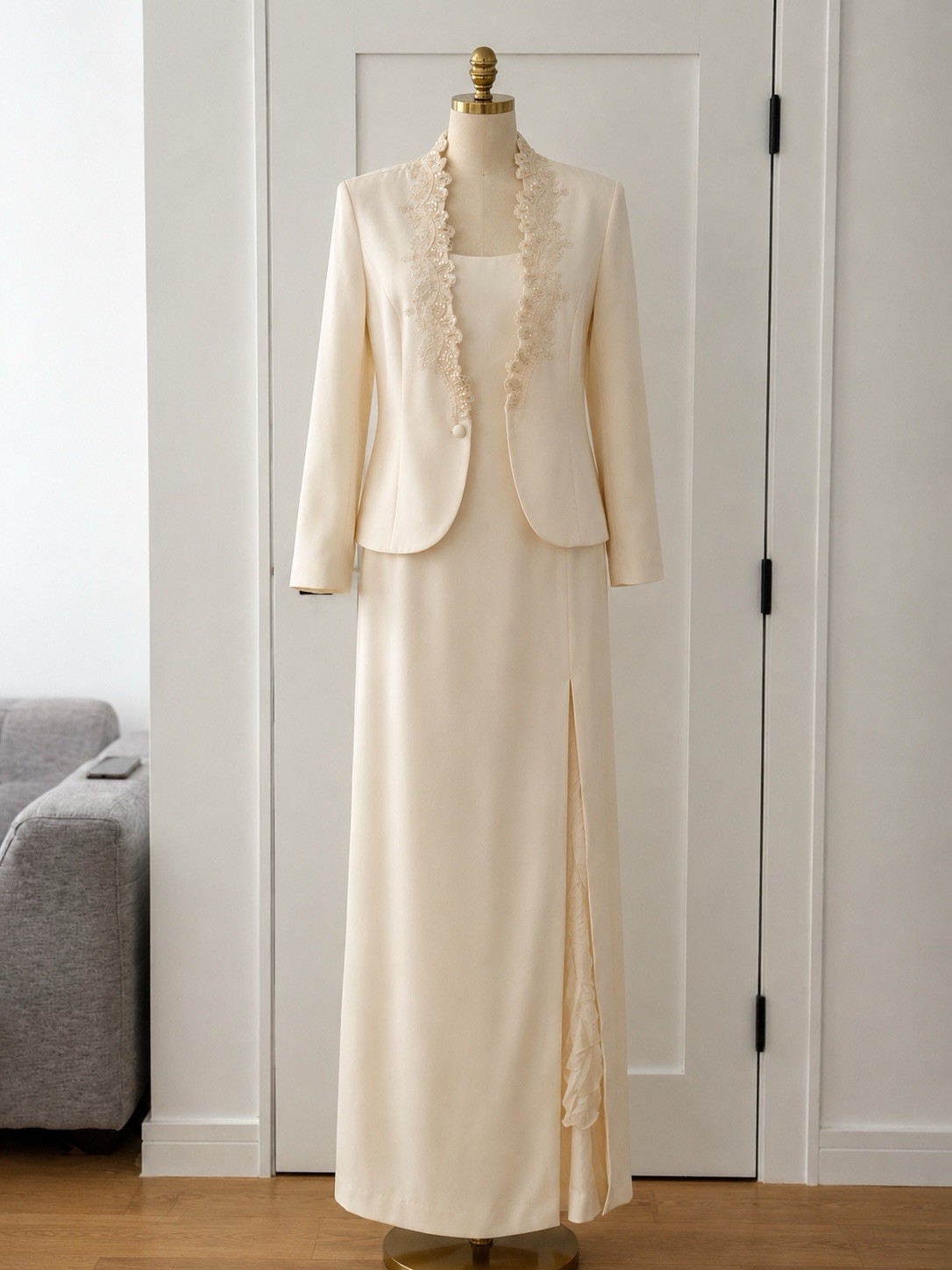 Vintage Ivory Embellished Maxi Dress & Jacket Set Size XL-XXL Elegant Formal