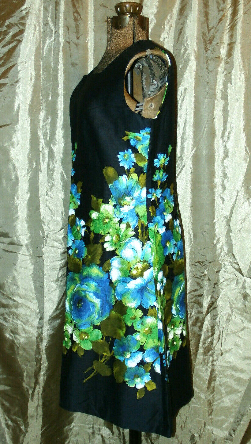 EUC Vintage Sz 40″ bust M Black Home Made Sleeveless DRESS Big Aqua Floral