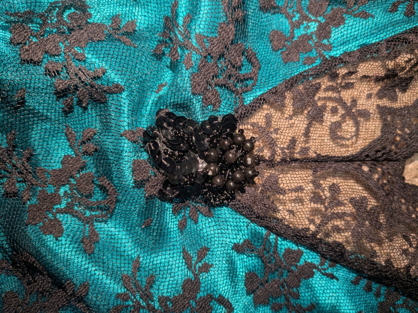 Vintage Mara Teddy Black Lace Over Emerald/Teal Green With Sequin Bead Detail