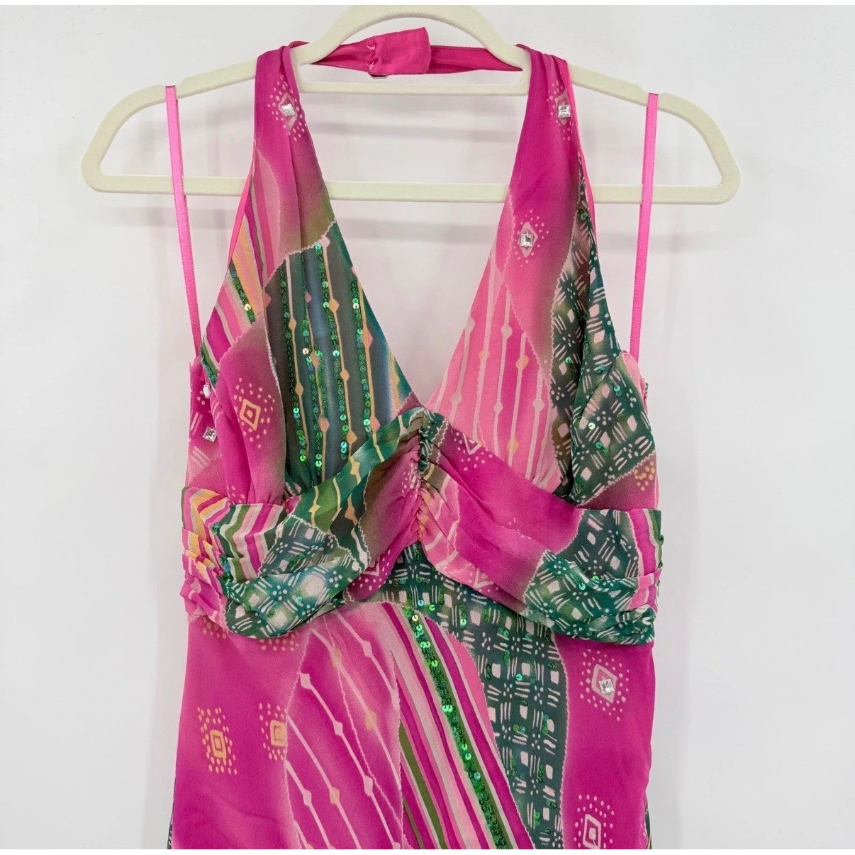Michelle Antonelli Silk Halter Dress Womens 10 Pink Green Y2K Asymmetrical