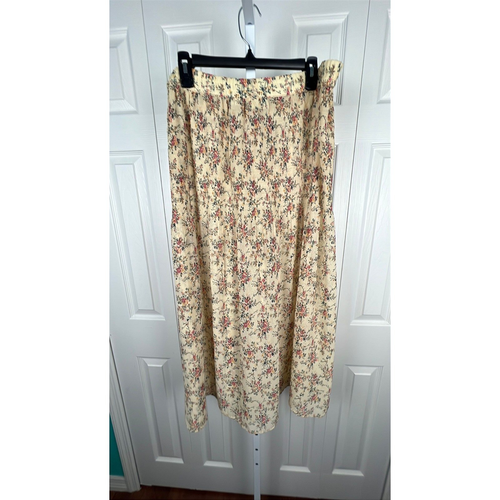 Cottagecore Vintage Express Floral Sheer Midi Skirt, XL 1X, Cream Pink