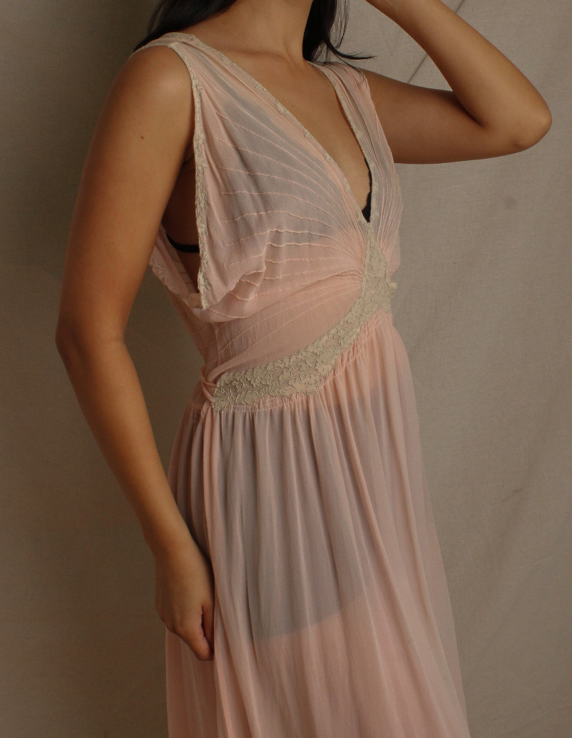 Vtg 30s Pleated Pink Silk Chiffon Lace Insertion Slip Dress Long Gown