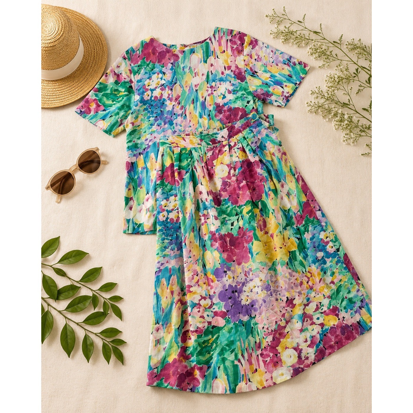 Vintage Floral Watercolor Two Piece Set Pleated Midi Skirt Short Sleeve 80s 90s