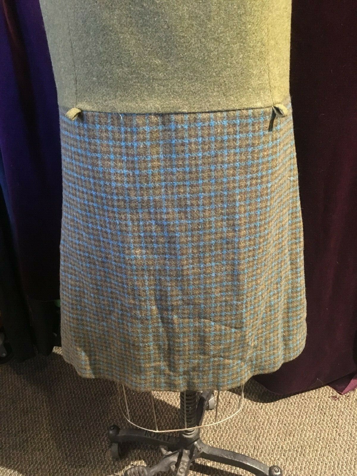 Vintage 1970s Olive Green Wool Shift Dress with Patterned Skirt