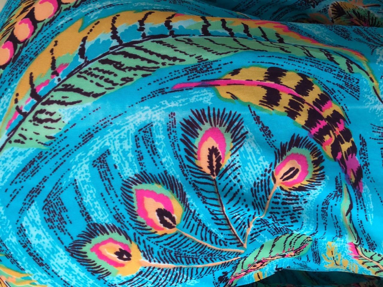 Vintage 1970’s Turquoise Blue Peacock Blouse Feathers Multi Colored Nylon Sz M