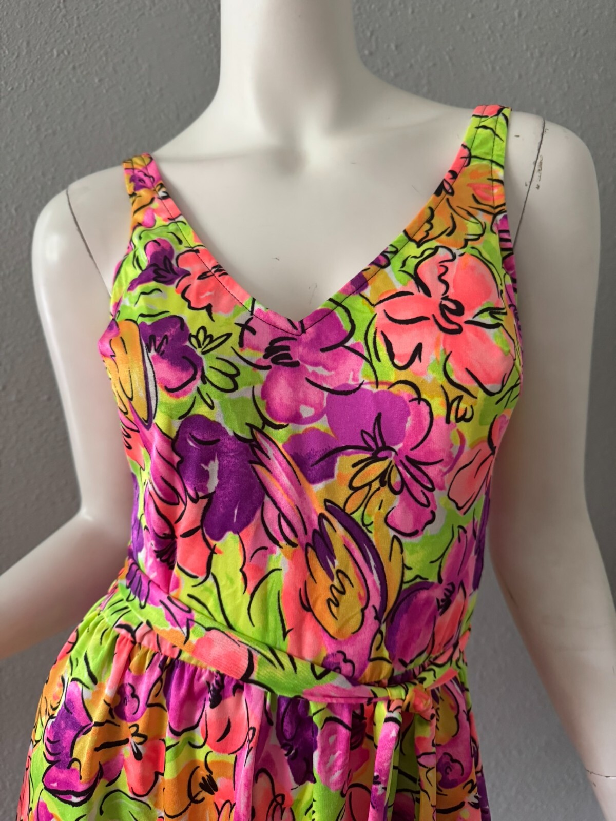 Vintage 80 Neon Colorful Pin Up RETRO Floral Romper Playsuit Swimsuit M