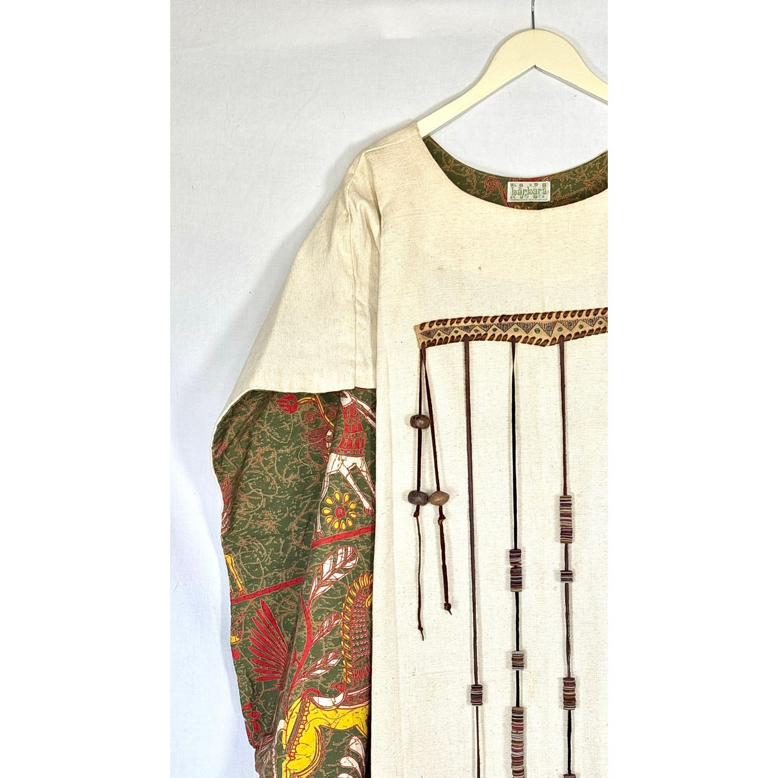Vintage 1970s Barbara Matamoros Canvas Cape Dress African Barkcloth Print
