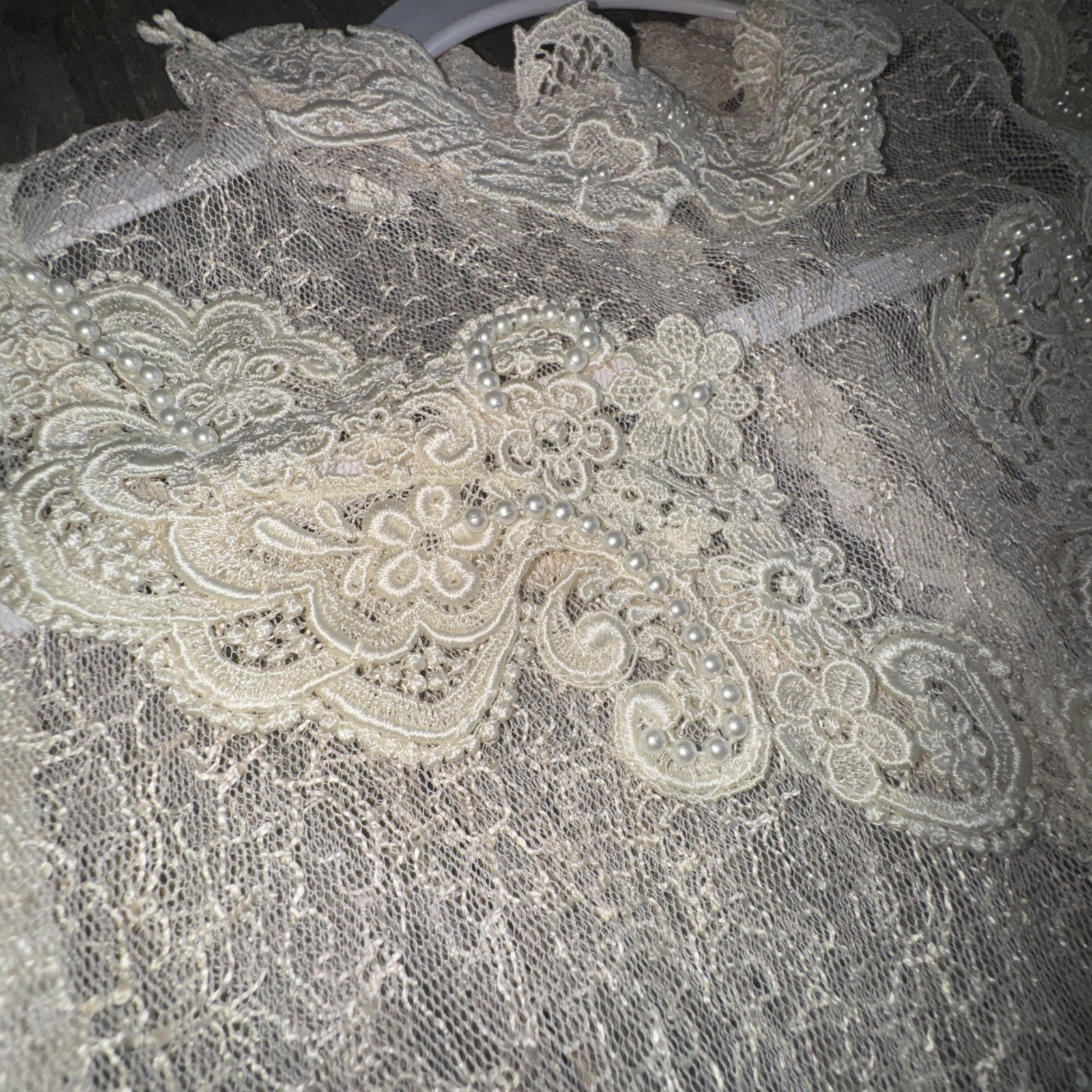 VTG Lorrie Kabala Lace Victorian Pearl Puff Sleeve Drop Waist Mermaid Dress 14