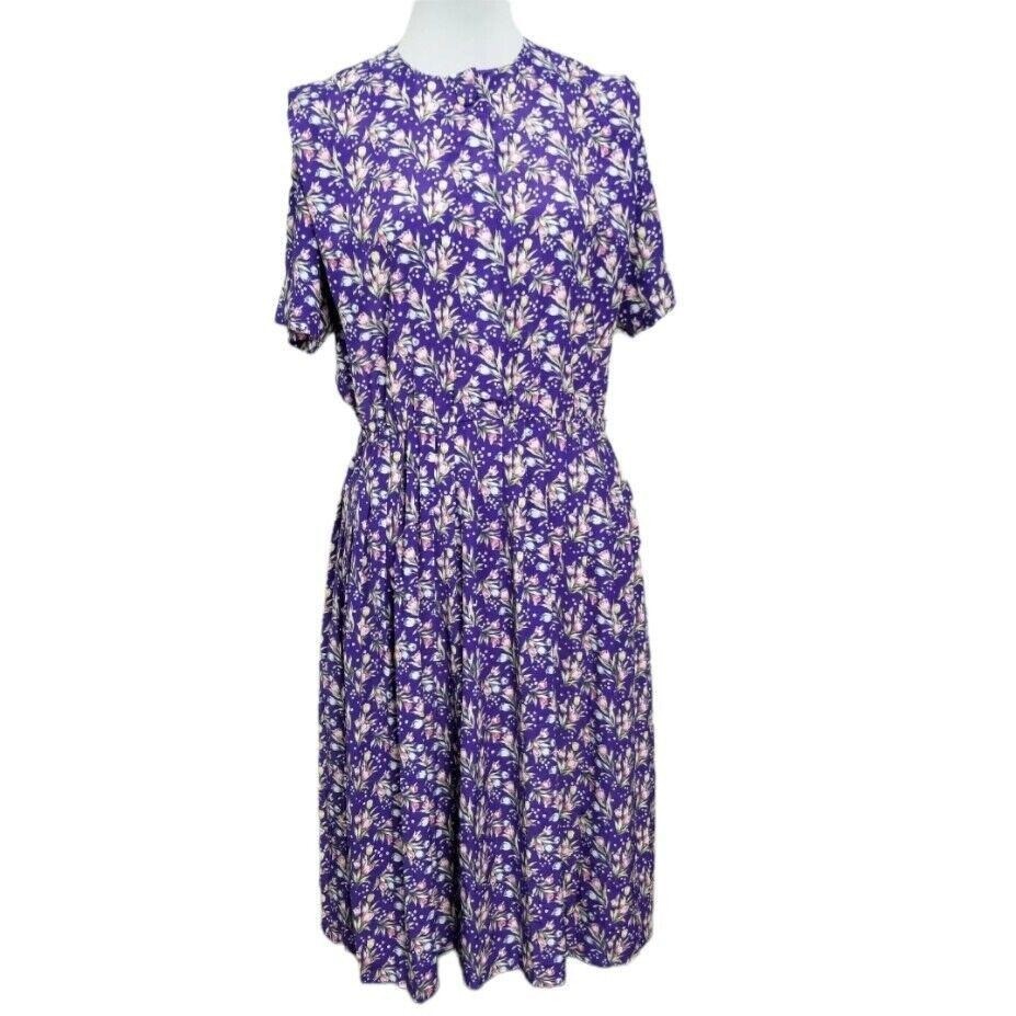 Vintage 90s Leslie Fay 10 Purple Floral Cottage Core Prairie Midi Day Dress