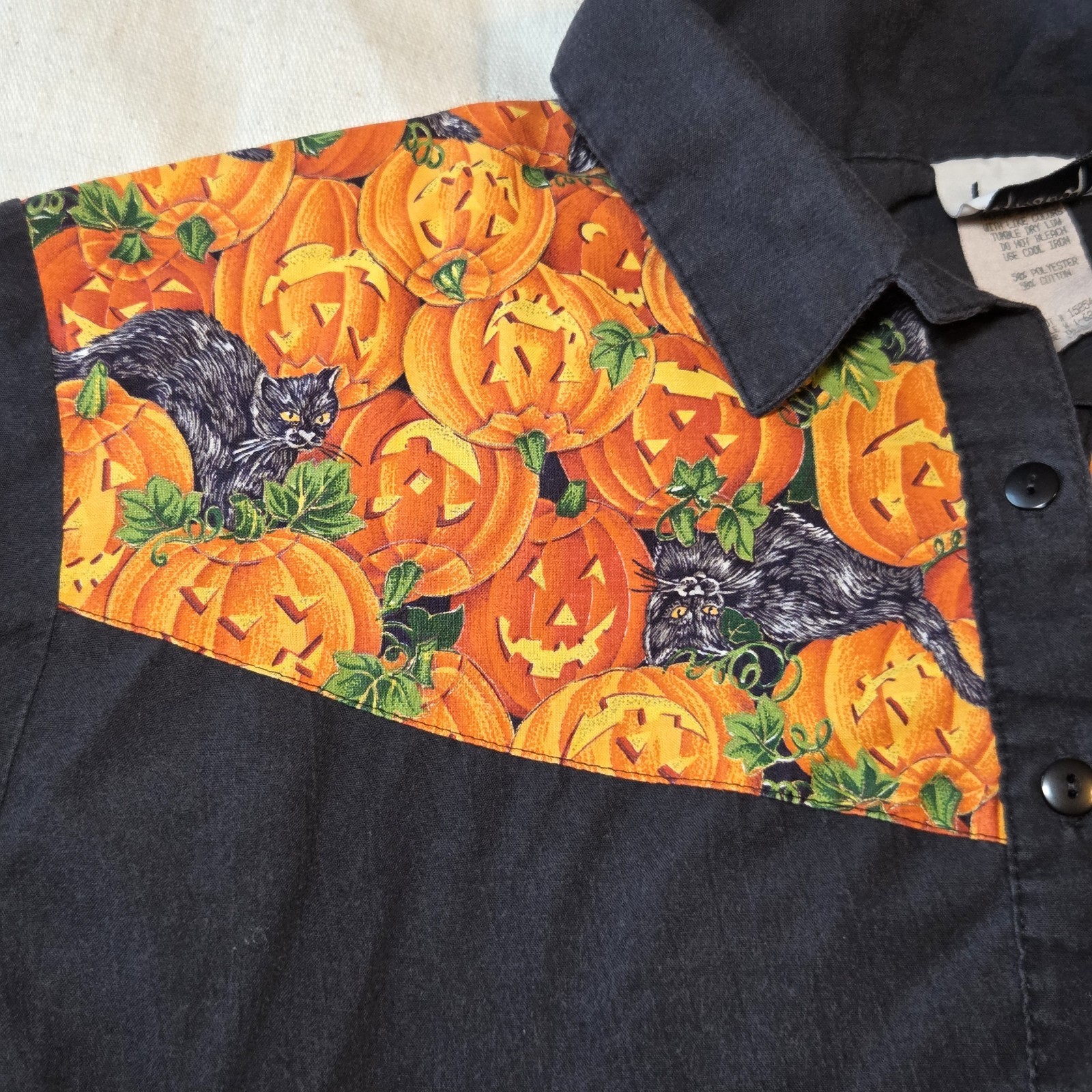 Vintage Black Cat Button Down Size Large Pumpkins Halloween Fall Whimsigoth Goth