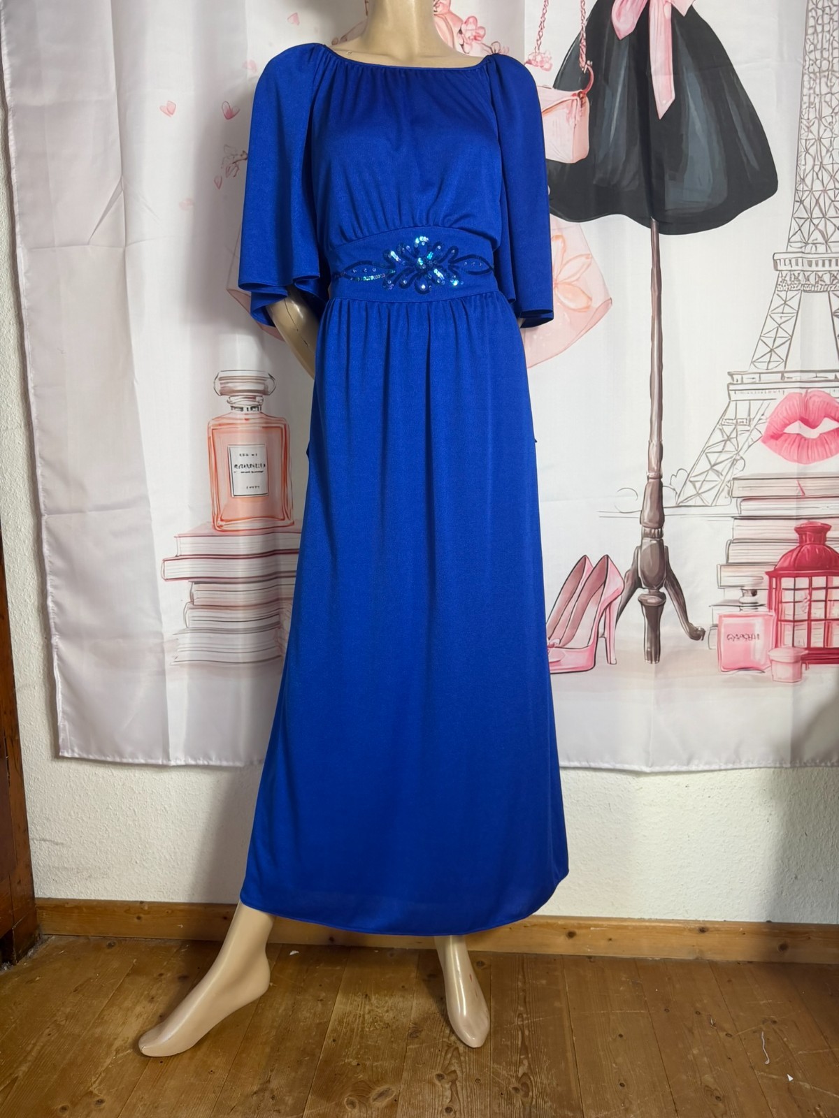 70s maxi dress evening dress Höpfner Jeunesse vintage royal blue cape sleeves 42 44