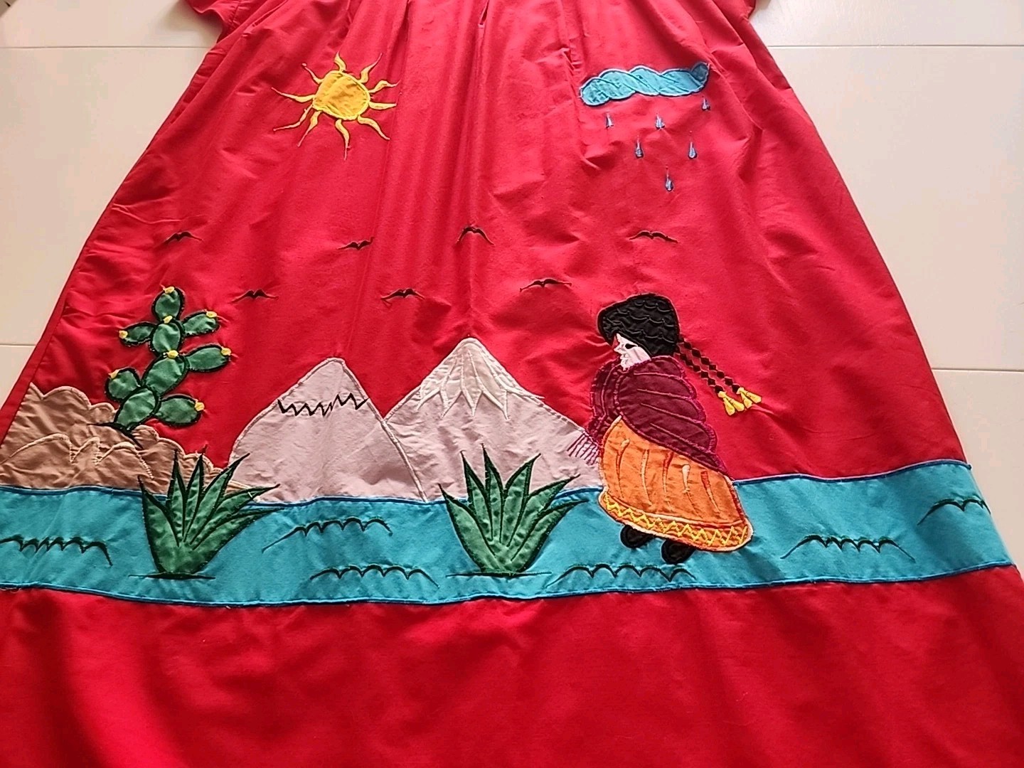 Vtg Patio House Dress Cottagecore Sz XL Red Southwest Native Art To Wear Cotton