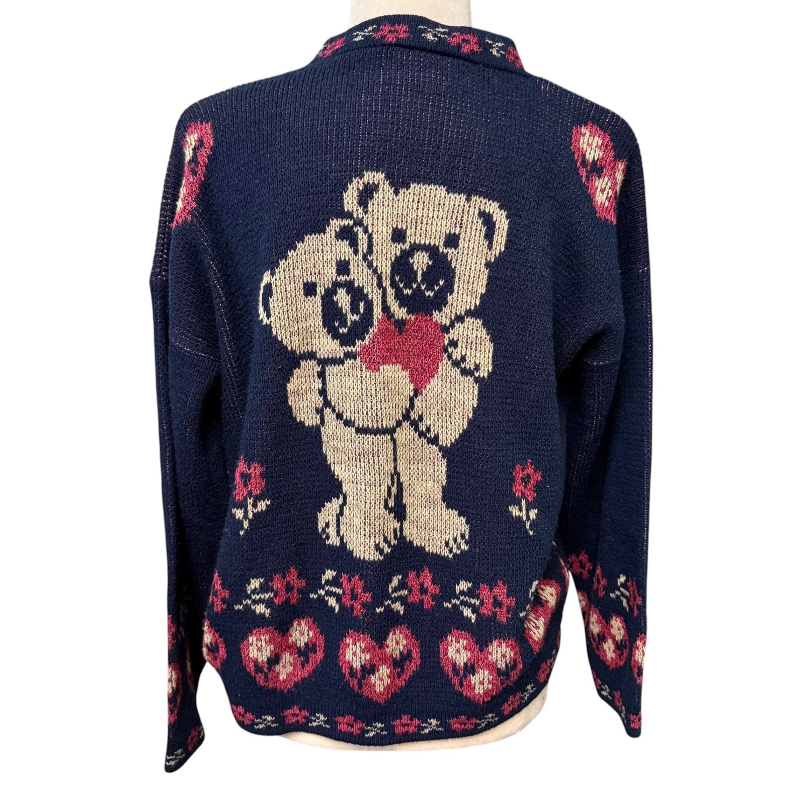 Vtg Adele Knitwear Sweater Womens L Teddy Bear Heart Graphic AOP Grannycore