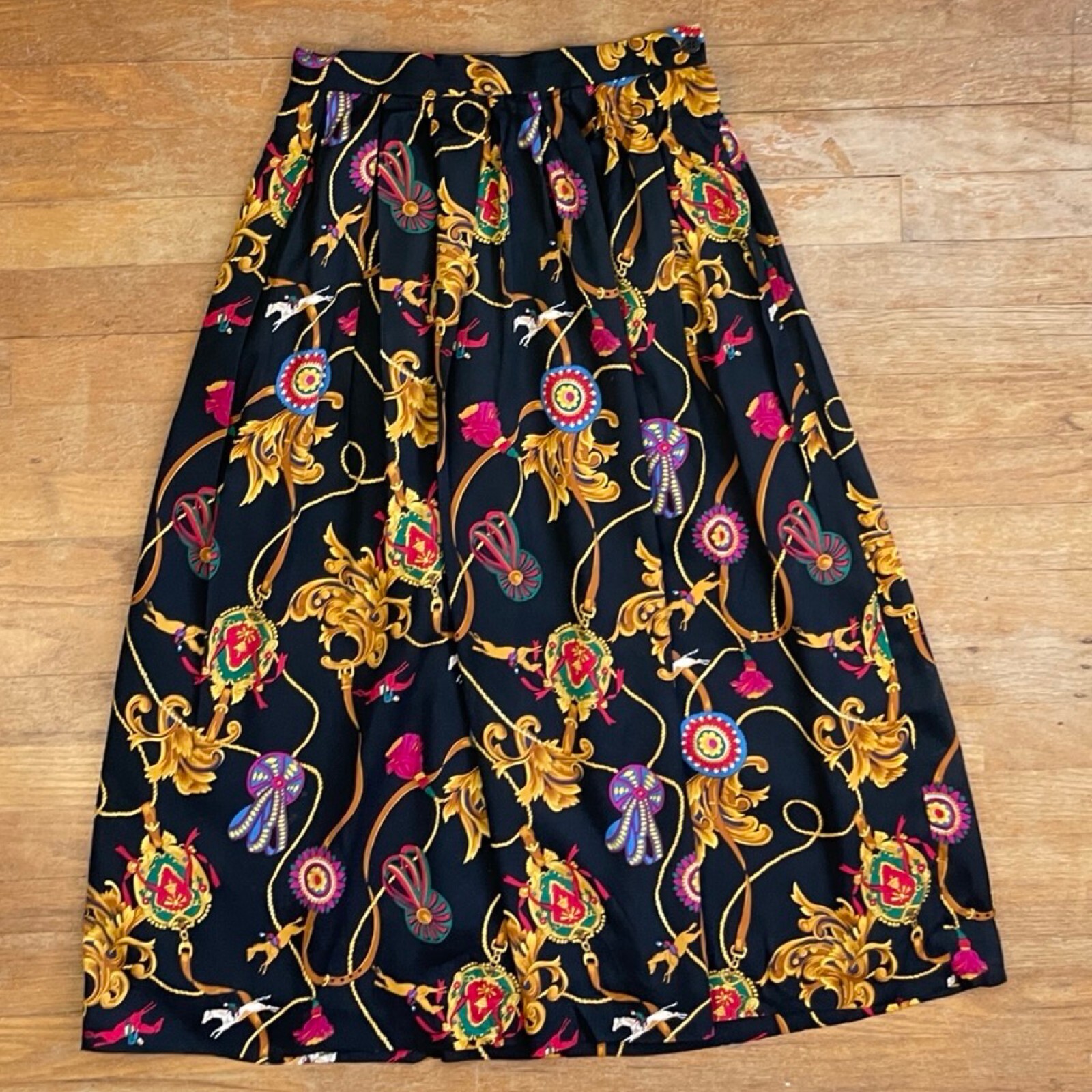 Vintage Equestrian Print Skirt Size Small 28″ Waist 1980s Susan Bristol Horses