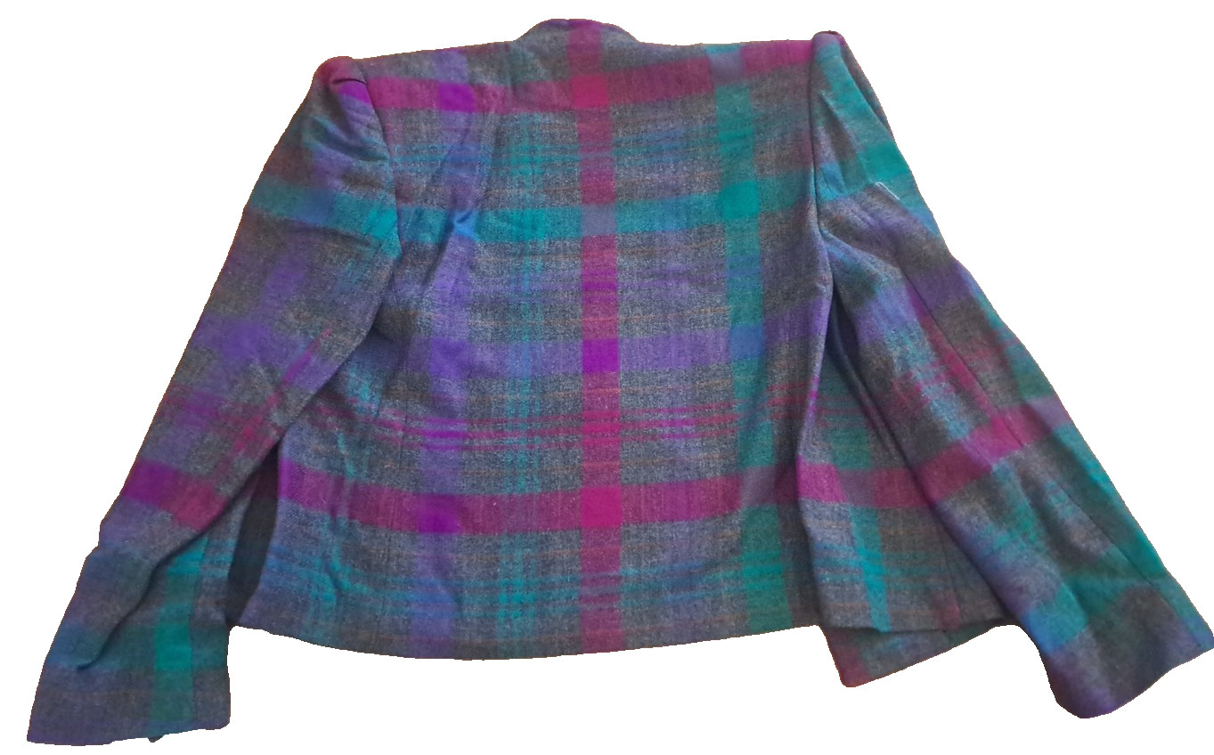 Vintage NEW Womens Plaid Blazer Wool Blend Pink Gray 1990s Purple Cropped Size 8