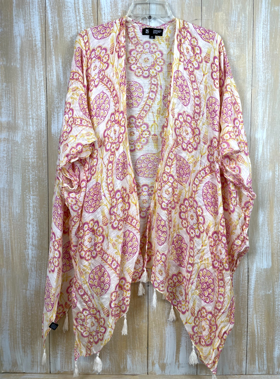 Metropolitan Museum of Art Open Kimono Cover Up Pink White One Size Silk Blend