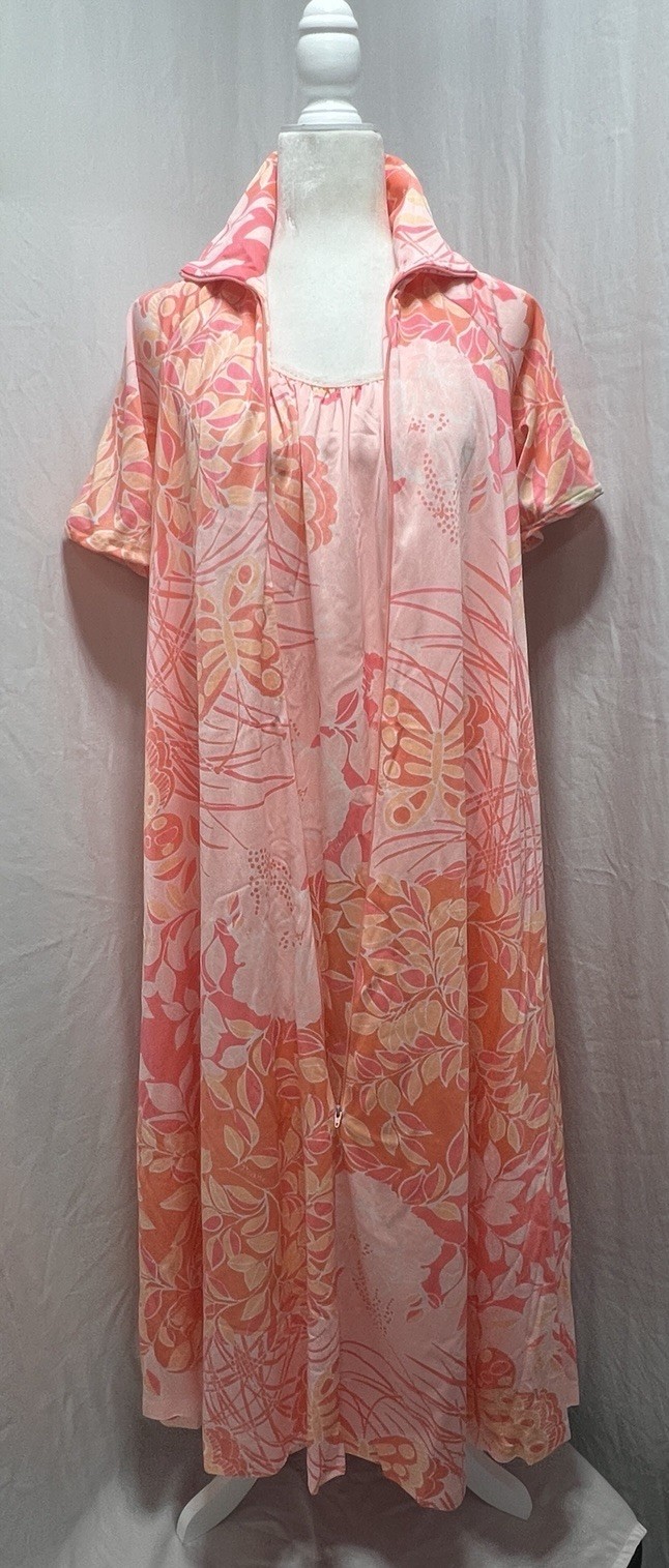 Vintage 70s Miss Elaine Mori Butterfly Floral Peignoir Set Nightgown Robe SZ SM