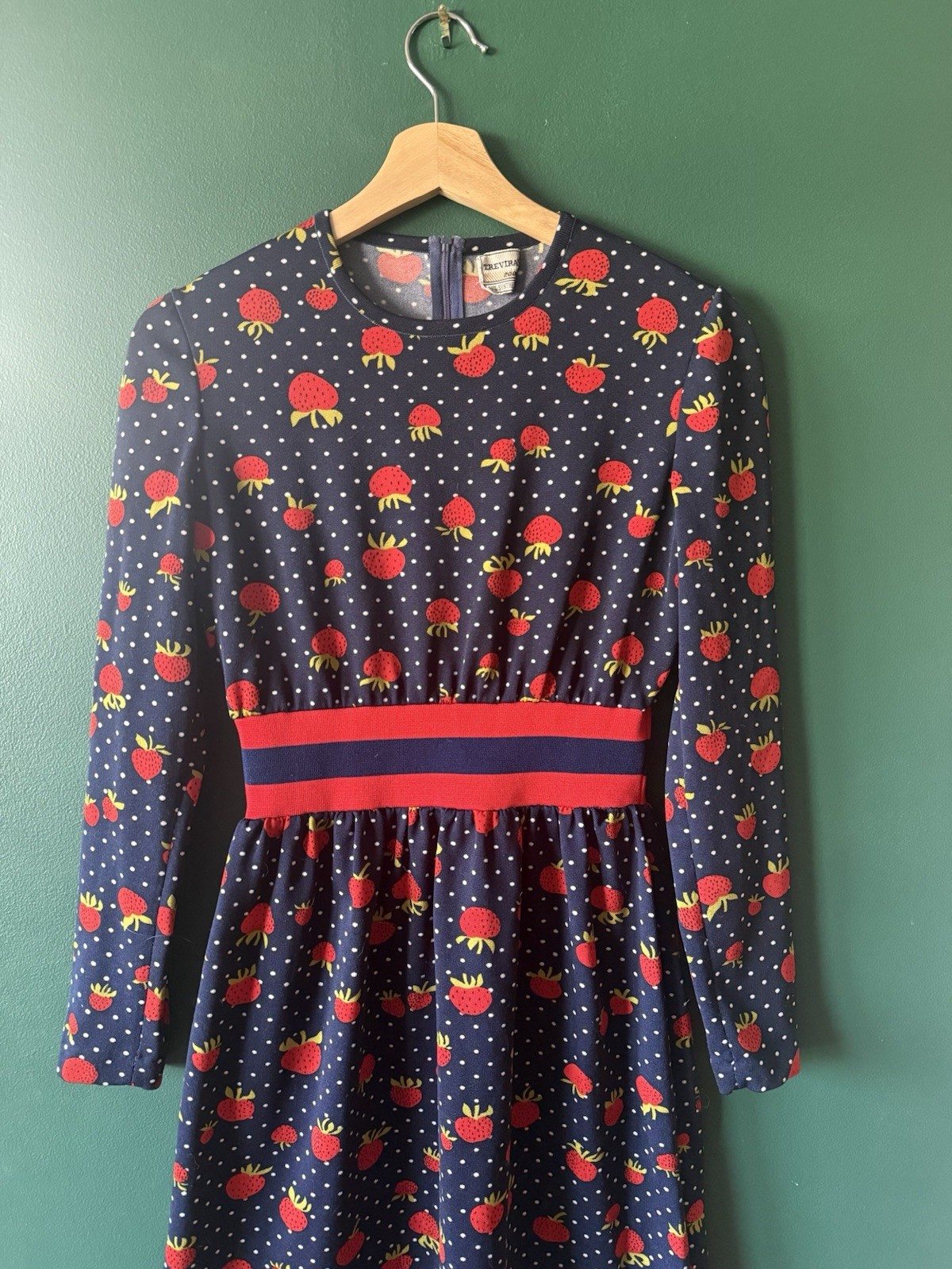 Vintage 60s 70s Strawberry Dress Polka Dot Mod Novelty Print Small Navy Red