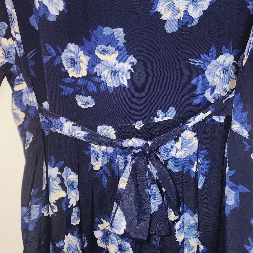 Vintage Erika 90s Blue Floral Midi Dress Tieback Cottagecore Rayon M