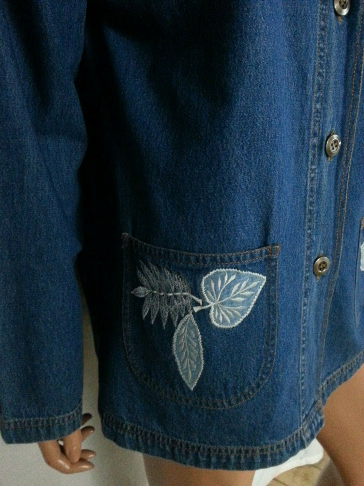 Vtg Women Blair Blue Jean Denim Jacket Coat Leaves Embroidery Butterfly Patch M