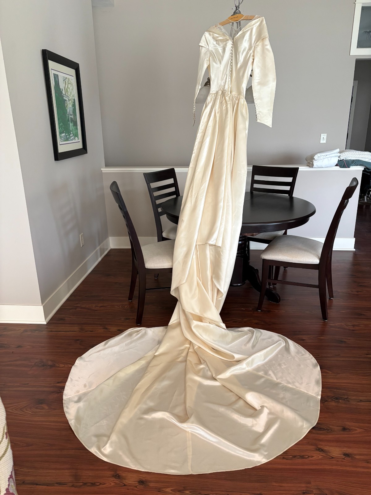 1940s/50s vintage wedding dress in silk faille with cathedral train and buttons