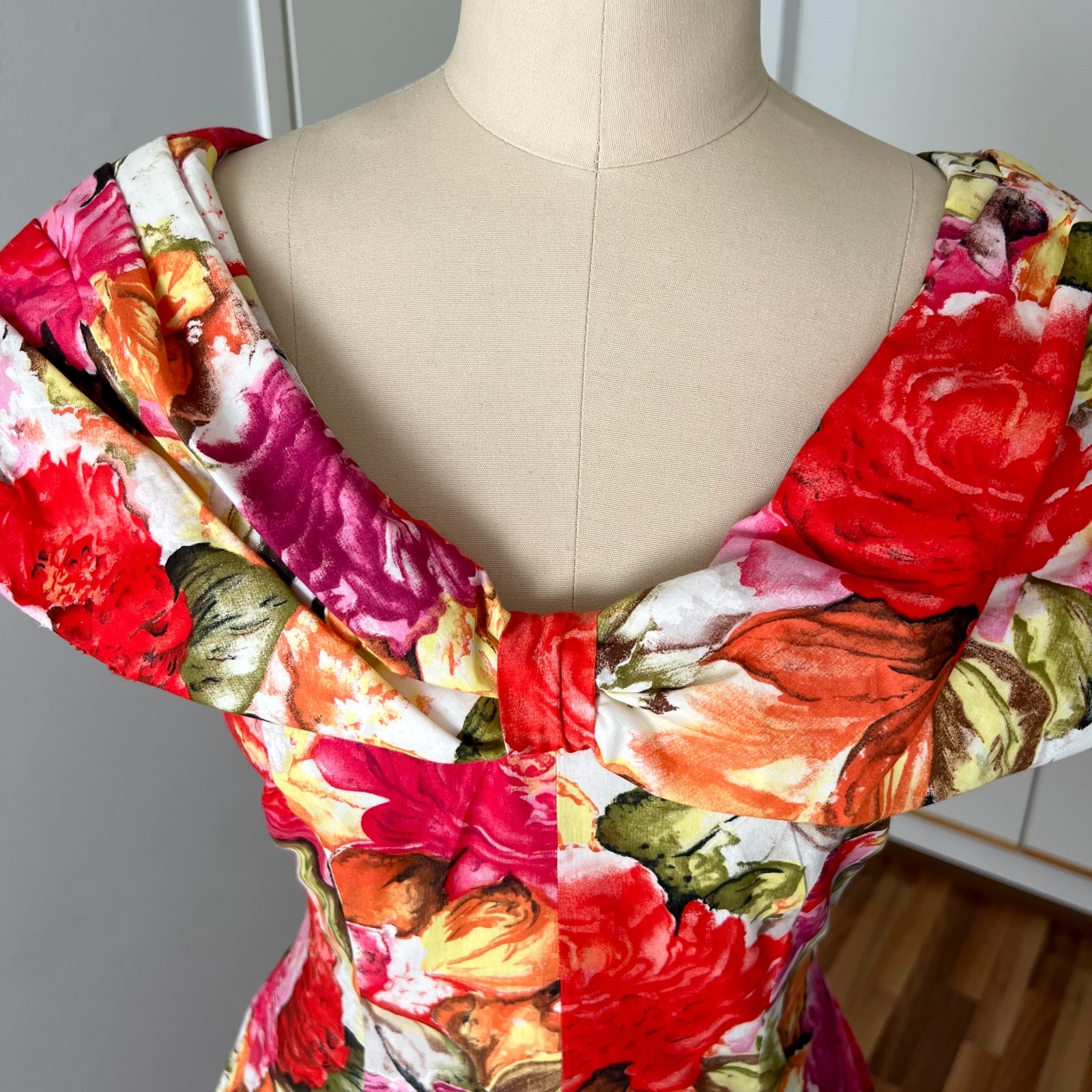 1980s Floral Rockabilly Cotton Dress Off Shoulder Fit & Flare Pin Up Party Retro