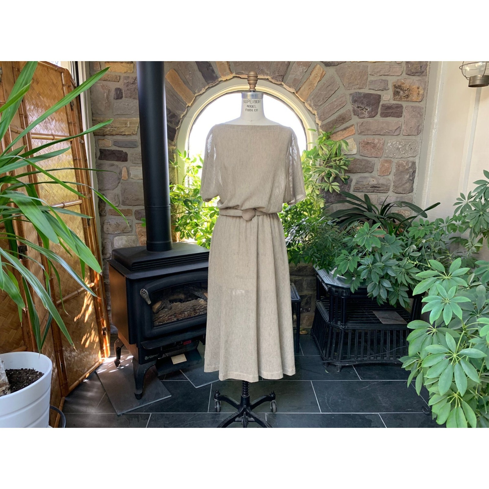 Vintage 1970s Tan Open Weave Belted Casual Dress Items California