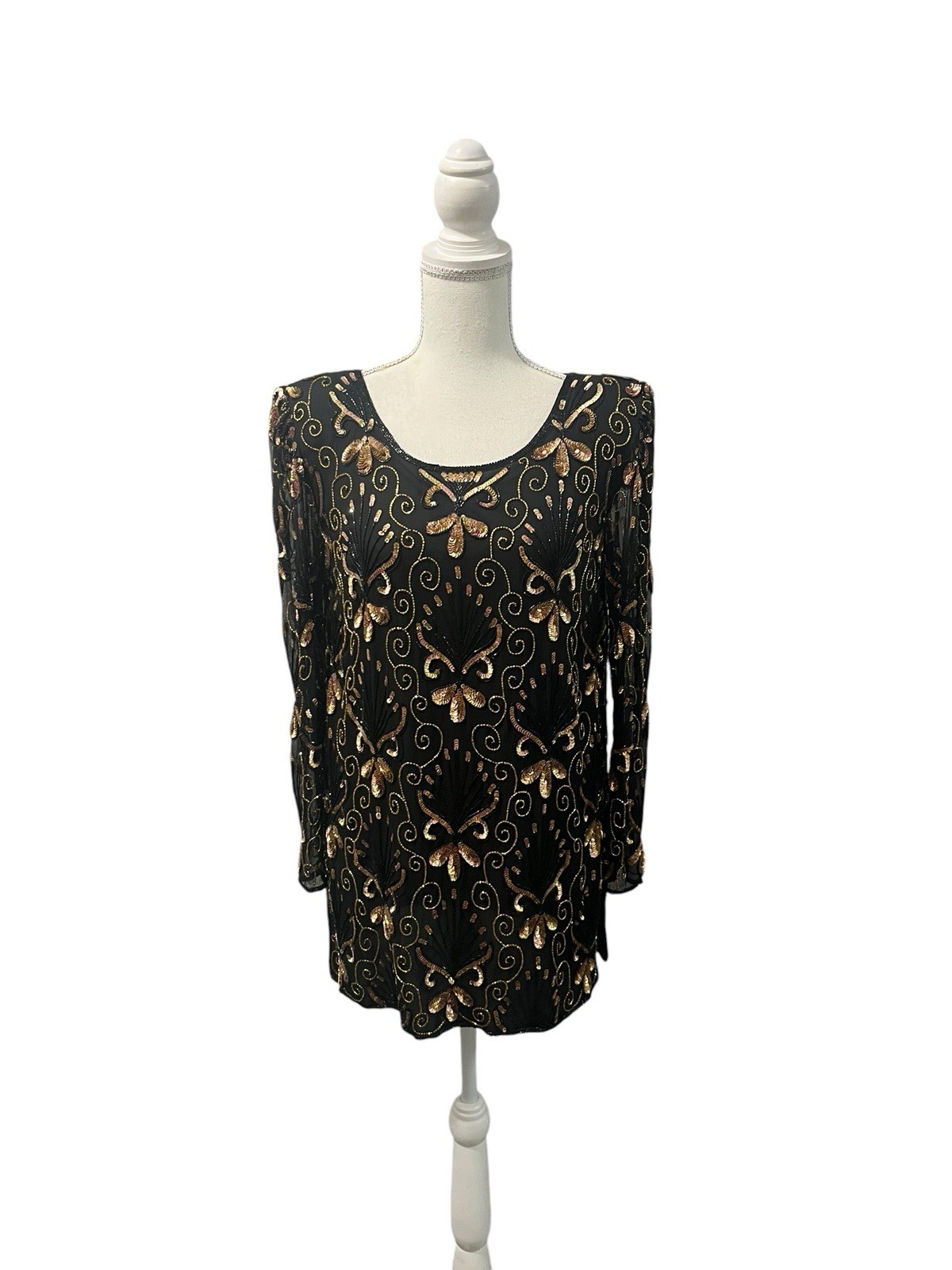 Stenay Vintage 80s Beaded Sequined Blouse 100% Silk Chiffon Sleeves S Party