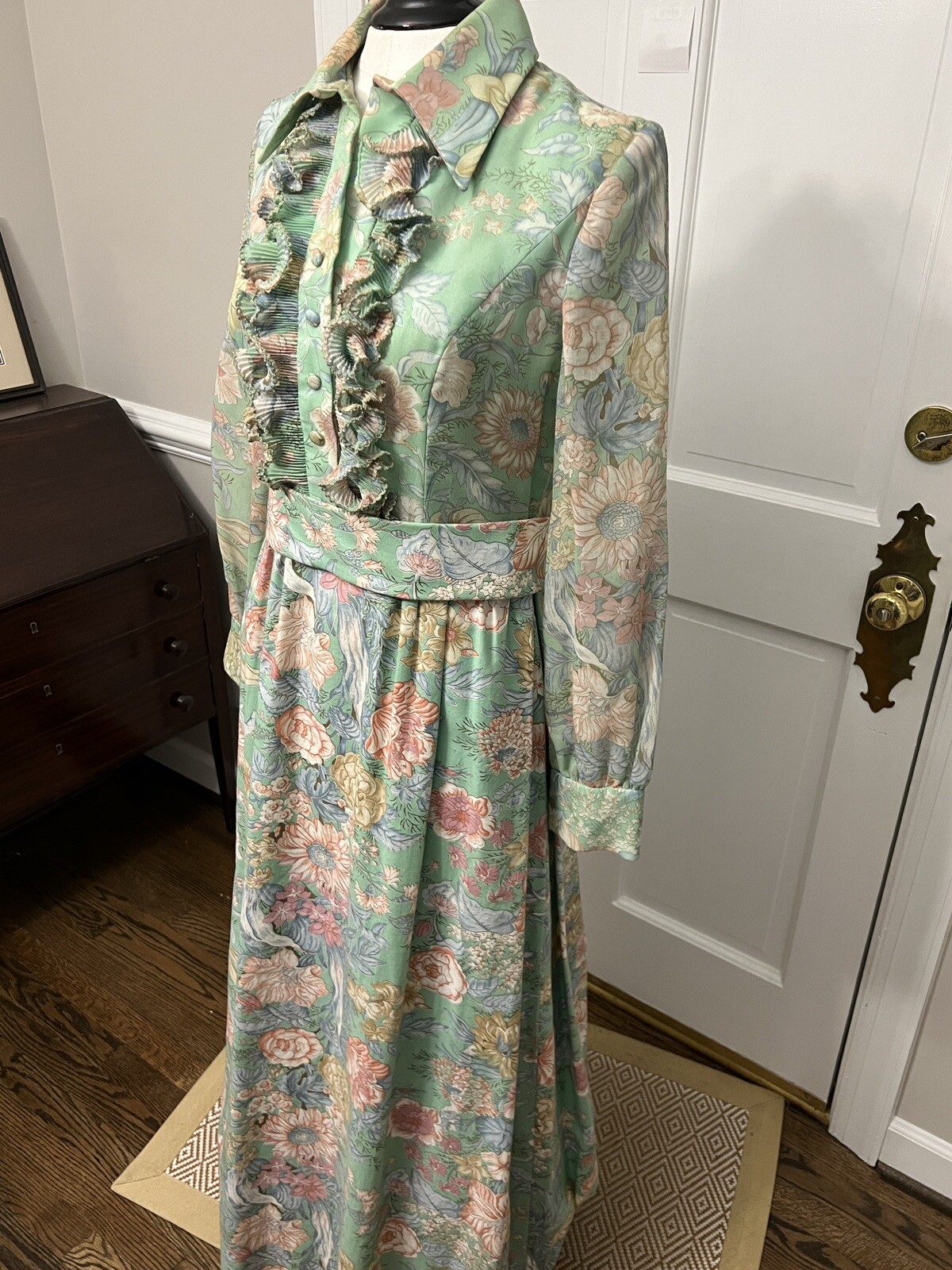 Vtg Eleanor Brenner Floral Long Sleeve 60’s Maxi Dress, Ruffles 32” Waist MCM