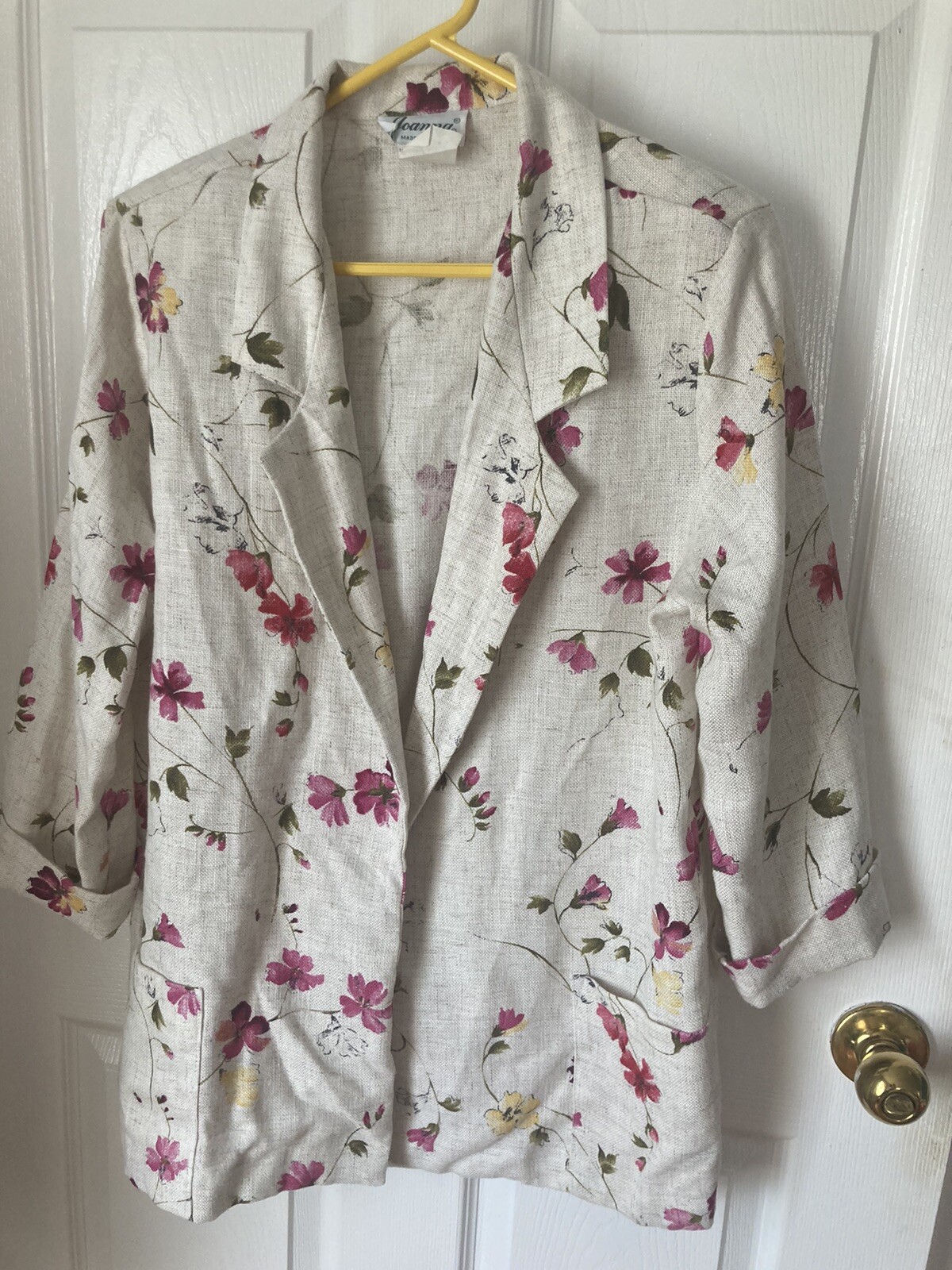 M Scattered Floral Textured Weave Vtg 80s V-neck Pocket Blazer 3/4 Sleeve Jacket