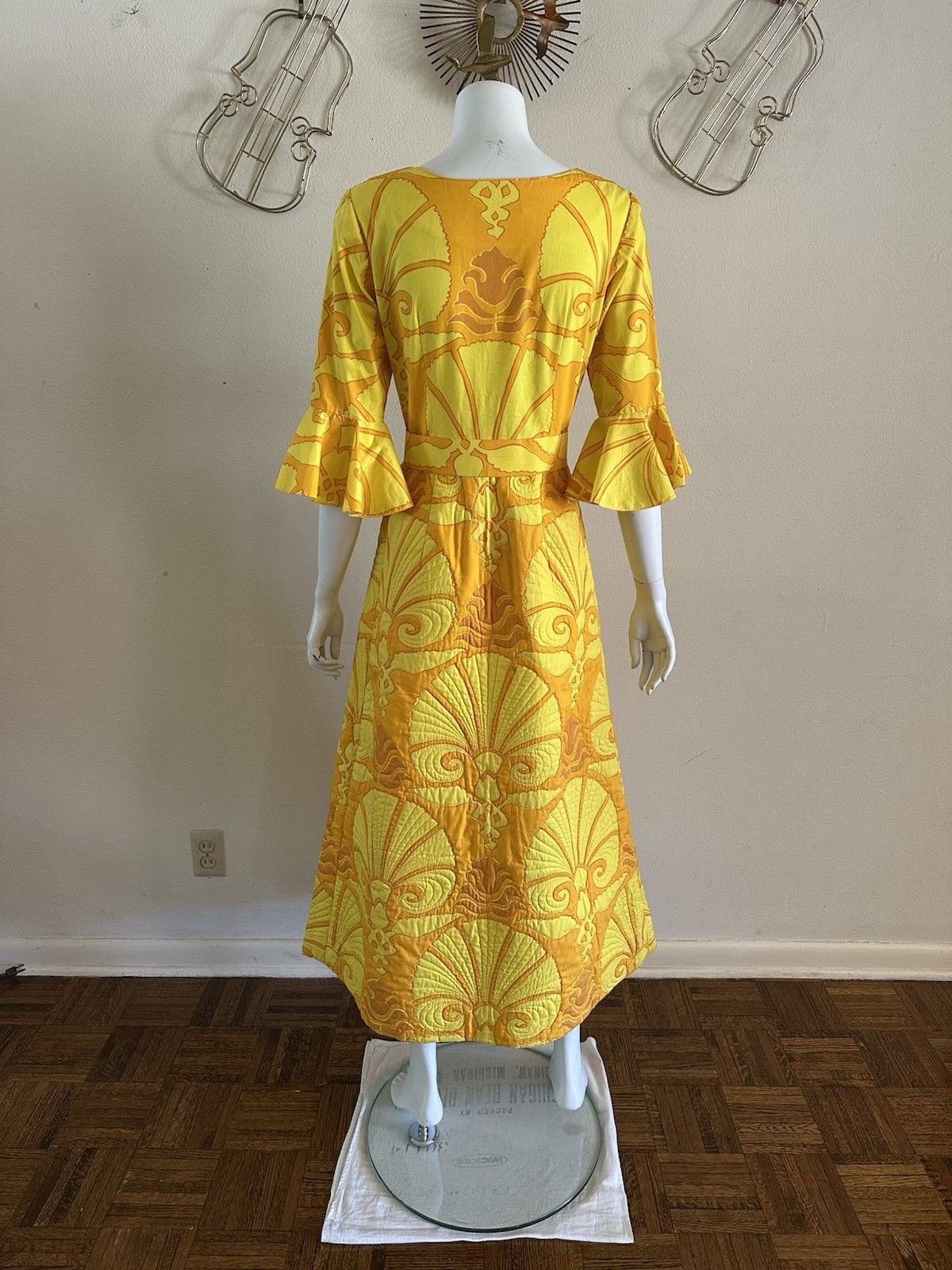 1960s Van Dee Bangkok Quilted Maxi Dress Psychedelic Bell Sleeve Resort Hostess